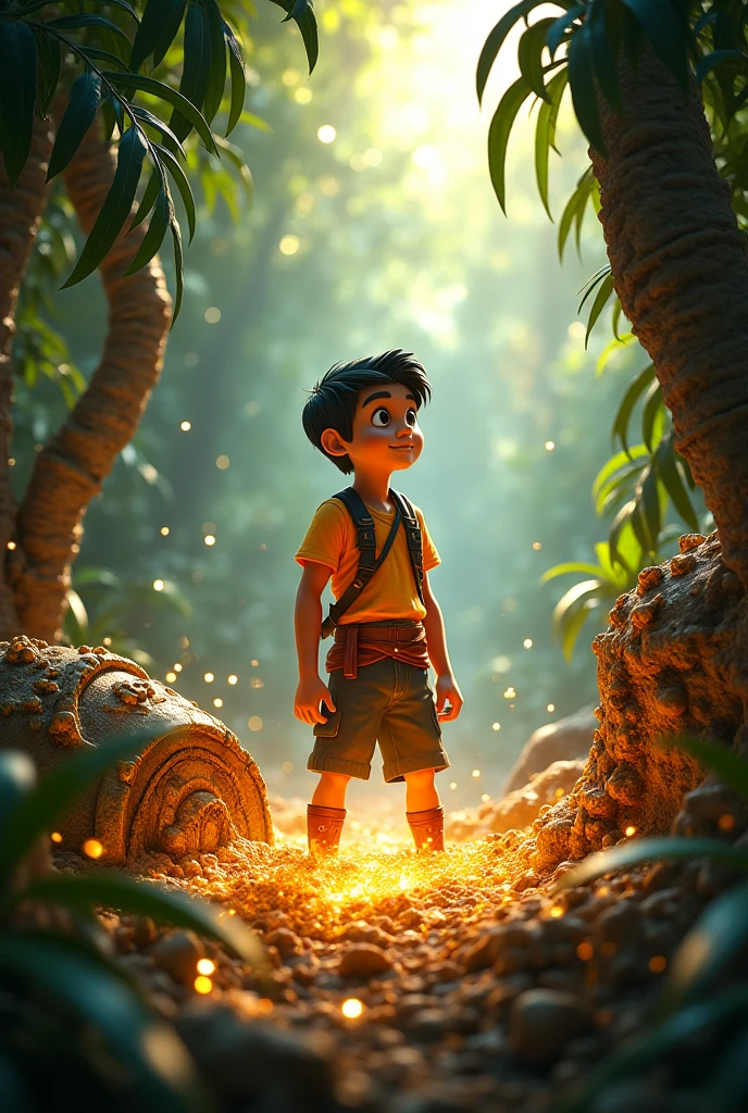 A boy holding something, greenery, sunlight, hyper realistic, 8k