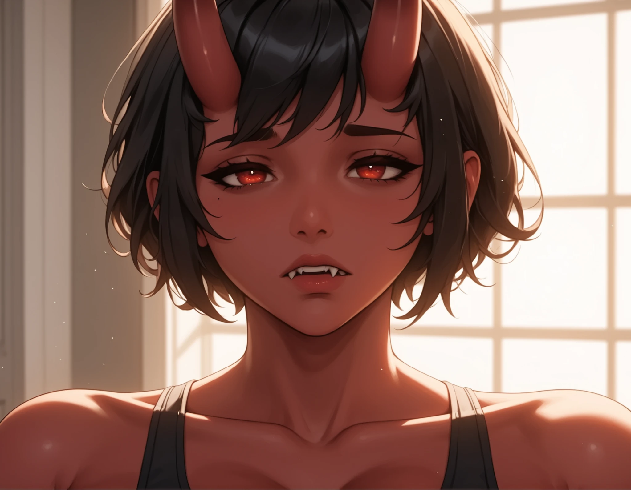 Watercolor, score_9, score_8_up, score_7_up, (Volumetric_lighting: 1.7), (masterpiece), (lora: detailed anime girlsXL), (lora: NoobAI-XL Detailer), (lora: smooth lighting enhancer) (lora: Detailed Background), (lora: NKxXmo's Shaded Face), (lora: SDXL high detailed. LoRA_SDXL_ARW_0010: 0.75), (lora: Waifu Eyes), BREAK bedroom, messy_bedroom,
1girl, Tall, red_skin, Oni_horns, sharp_teeth, fangs, red_skinned, curvy, short_hair, wavey_hair, white_hair, black nails, red_eyes, tired (tired, exhausted) standing, sports_bra, close_up_shot, face_focus, large breasts, Mature looks, MILF, 8k, (masterpiece), realistic, high_quality, detail_focused, high_quality_teeth
Expressiveh