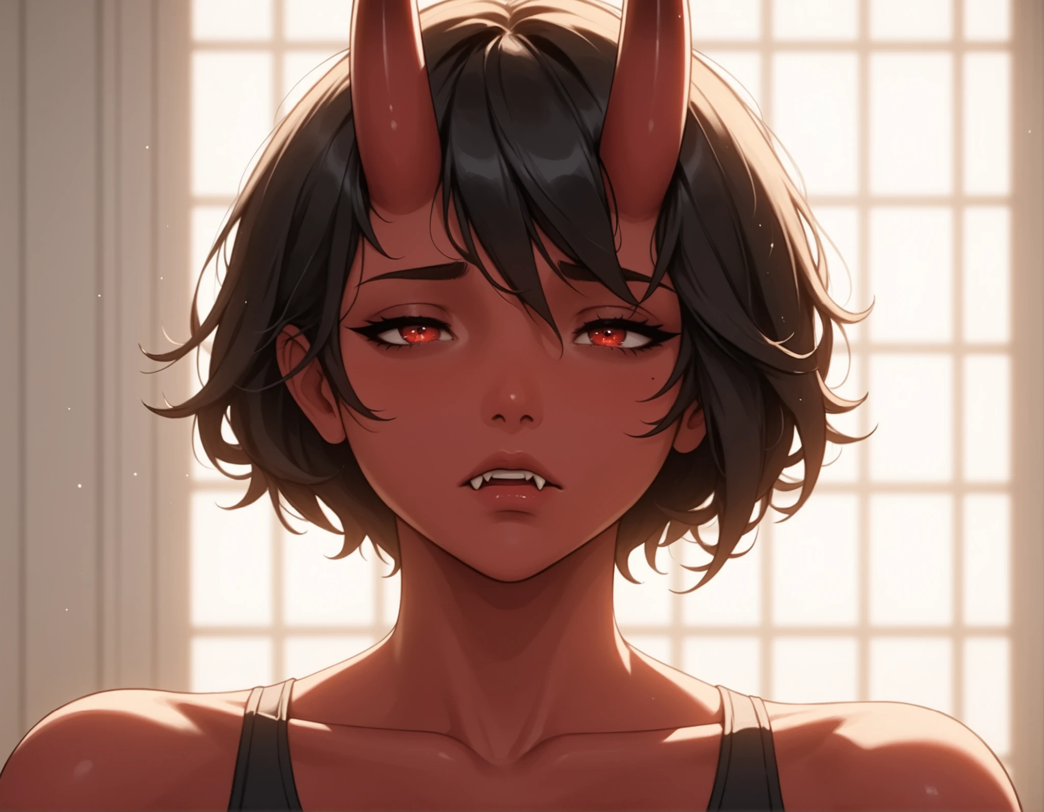 Watercolor, score_9, score_8_up, score_7_up, (Volumetric_lighting: 1.7), (masterpiece), (lora: detailed anime girlsXL), (lora: NoobAI-XL Detailer), (lora: smooth lighting enhancer) (lora: Detailed Background), (lora: NKxXmo's Shaded Face), (lora: SDXL high detailed. LoRA_SDXL_ARW_0010: 0.75), (lora: Waifu Eyes), BREAK bedroom, messy_bedroom,
1girl, Tall, red_skin, Oni_horns, sharp_teeth, fangs, red_skinned, curvy, short_hair, wavey_hair, white_hair, black nails, red_eyes, tired (tired, exhausted) standing, sports_bra, close_up_shot, face_focus, large breasts, Mature looks, MILF, 8k, (masterpiece), realistic, high_quality, detail_focused, high_quality_teeth
Expressiveh