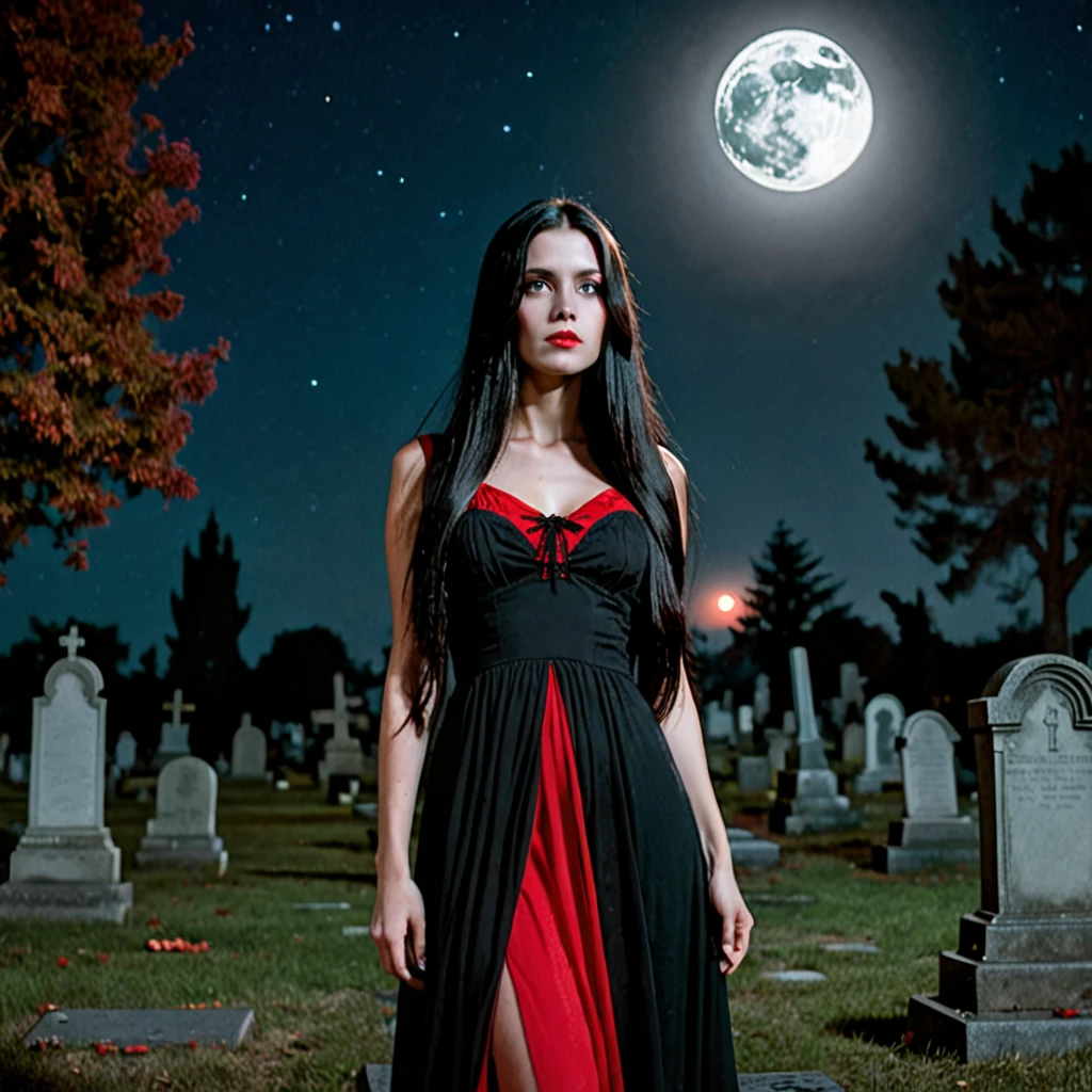 (masterpiece, Best Quality)、8K Wallpaper, Highly detailed, Malaya vintage horror, 1940's,vintage film poster illustration. A vintage movie poster of horror film featuring red and black colors, retro style with a black border around all edges. There is an young creepy, eerie, female zombie of Malay woman, long hair wearing a white long cloth, floating in the air and holding a white tomb stone. background of a Malay graveyard.