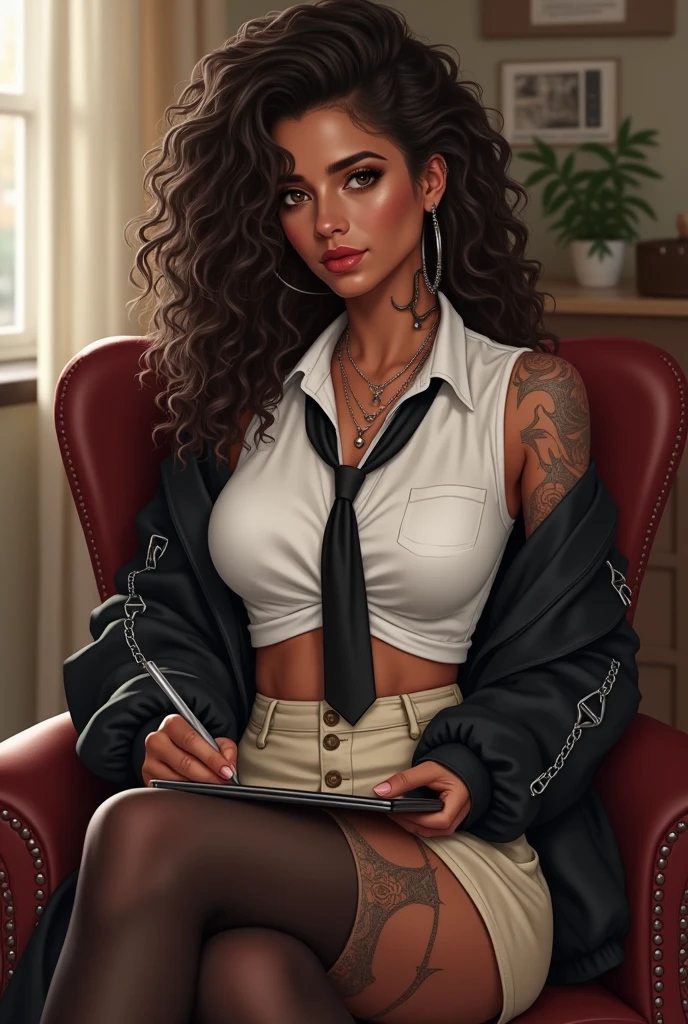 focus on details, bold lines, semi-realistic, --niji 6 Background: her house comfortable and living, pose: sitting on a chair while focused on a drawing tablet on her lap, female
Skin: darker brown skin
Hair: wavy and voluminous 
Short to medium length, The curls frame the face and reach around the jawline or slightly lower, layered, The curls appear to have different lengths, adding shape and volume.
eyes:dark brown
body: medium sized breasts, fuller, more rounded body with soft curves. waist is not highly defined, stomach slight roundness. hips are wide, thick thighs. arms are fuller, with a gentle softness. shoulders are moderately broad but not angular."
"+"Star-shaped nose ring"
Eye Makeup:"Black winged liner"+"Glittery, wet-look eyeshadow."
Face Shape: Oval, slightly rounded jawline with soft features.
Eyes: Large and almond-shaped, slightly downturned at the outer corners,
Eyebrows: Medium thickness, slightly arched, left eyebrow slit
Nose: Small to medium in size, with a slightly rounded or softly upturned tip.
Lips: Full and naturally downturned
Cheeks: Subtly defined.
Chin: Soft and rounded.
Tattoo's:Left Side (Ribcage Area): A flowing tribal pattern that extends from the ribs down toward the waist.curved, flame-like strokes that intertwine in a symmetrical.
Right Side (Hip Area): Another tribal pattern, slightly smaller but equally intricate, mirroring left-side tattoo. sharp, curved lines resembling flames.
Outfit:cropped white collared shirt with a black tie, leaving the midriff exposed. Over the shirt is a cropped black jacket with silver chain detailing on one shoulder and buckle accents on the sleeves. The skirt is a high-waisted beige mini skirt with a subtle slit on one side. Black thigh-high stockings 