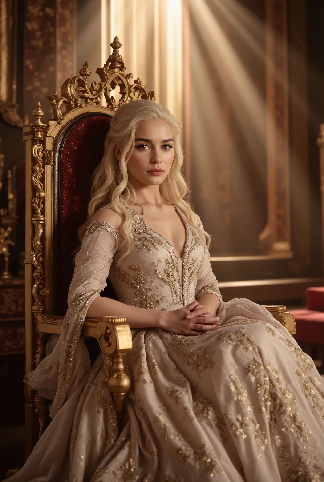 Targaryen princess, gown, throne room, godrays, long hair
