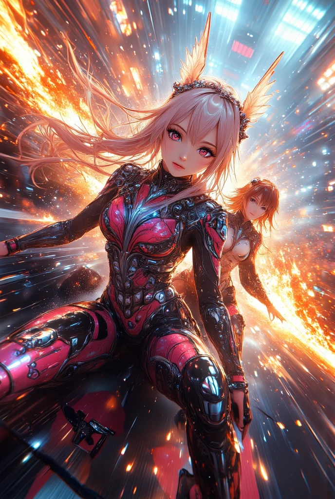 (front focus、perfect anatomy:1.5)、(Super detailed、16K quality、genuine skin: 1.6)、hyper genuineist、genuine.cinematic lighting、portrait、cyberpunk world、highly detailed face、(3girls:1.8)(beautiful japanese girl、smile:1.3)medium straight brown hair、pink hair、blonde、eyeliner、red lips.break、(Glitter cyber robot idol costume、mini skirt、pink tech armor with speaker:1.2)(cleavage、Thigh exposure、Hands and feet are machines:1.5)(Hold the microphone and sing:1.6)BREAK、cyber idol trio(idol pose、raise your hands up:1.6)have a microphone(Stylish and stylish rooftop late at night)portrait、(A photography drone is flying high in the sky:1.2)