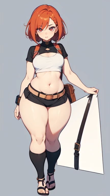 (masterpiece), best quality, female warrior, huge girl, female muscular:1.2, very short hair, ginger hair, big breast, (curvy:1.8), (((blank background))), ((full body)), fingerless gloves, sandals, sleeveless, covered nipples, (underboobs:1.3), tshirt top, shaved hair, (buzzcut hairstyle)