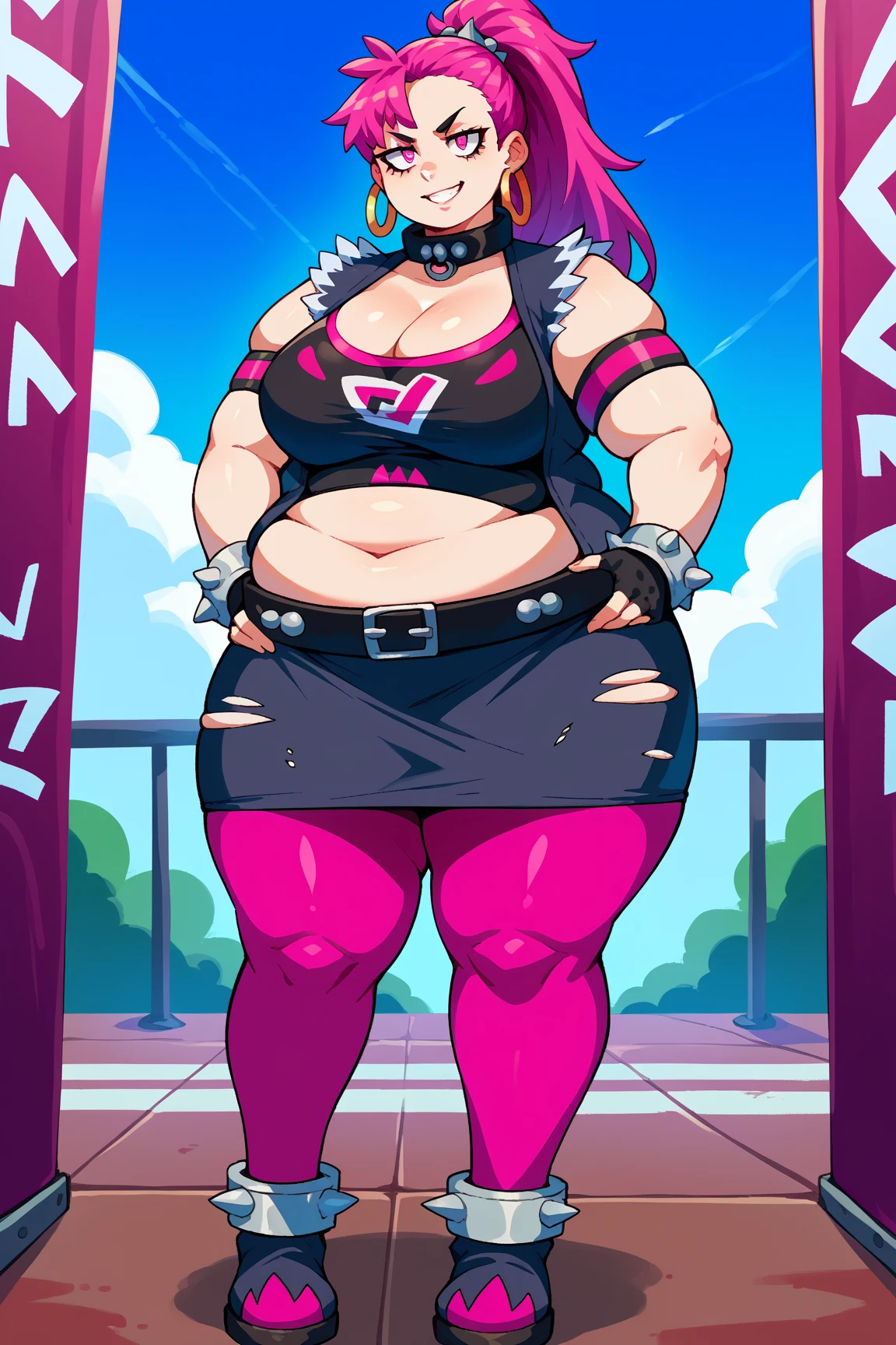 uploaded on e621, beautiful and detailed portrait of a (((feminine))) woman anthro splatoon octoling, ((by Kilinah, (by Coffeesoda:1.1), by Hioshiru, by JTVeemo, by Kilinah)), cinematic evening lighting, (((confident, seductive))), bl, lustful face, thighighs, large medium breast, full body, sunset, beautiful, vibrant pink hair, sexy pose, seductive face, pink bubblegum hair, golden yellow eyes, big plump distinct plump breasts, oily shiny reflective skin, solo, grey sports bra, (lime green jacket), lustful face, solo, 1girl, thicc body, soft belly, half-closed eyes, headphones, one eye wink, vagina outline in undersized sports shorts, vibrant rose pink sports shorts clinging to her thighs,
