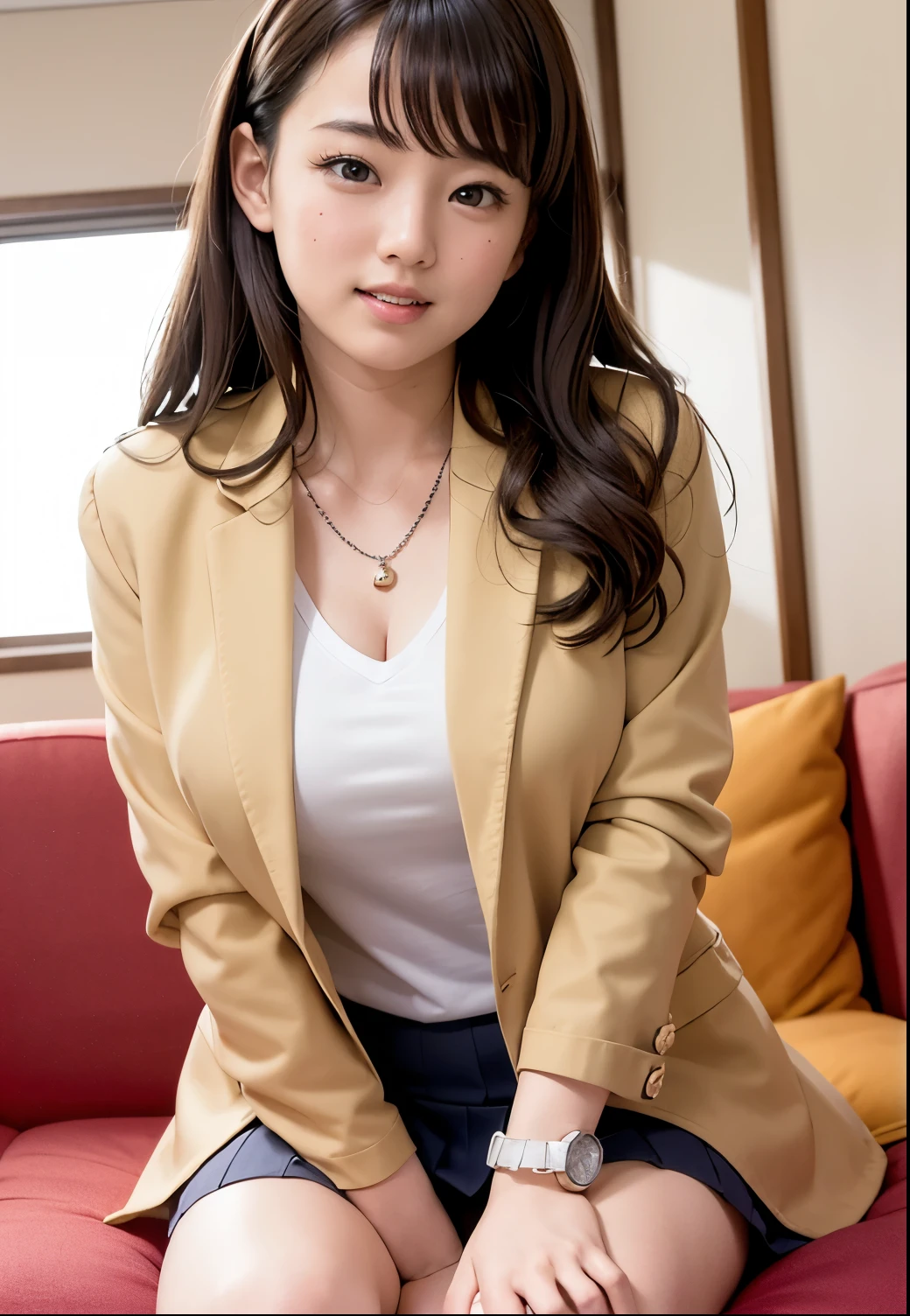 ( Best Quality ,masterpiece:1.3, super high image quality),( very well detailed、 caustics ) ( realistic:1.4, RAW shooting、)Ultra- realistic Capture、 very well detailed、 natural skin texture 、masterpiece、( Japanese elementary school student in a blazer uniform:1.3)、 adorable expression、Expressions of Happiness、、: 、baby face、pure、 amazingly cute、 twin tail hairstyle 、curly hair、scrunchie 、 BLACK HAIR、 Big Breasts、 Glowing Thighs、necklace、t-shirt、photo taken in a reception room in a luxurious Western-style building 、smile、 An inviting gaze 、( anatomically correct)、 attention to detail、Sitting on a red sofa with a large back、beside evil、 full body shot、high heels for age 20、