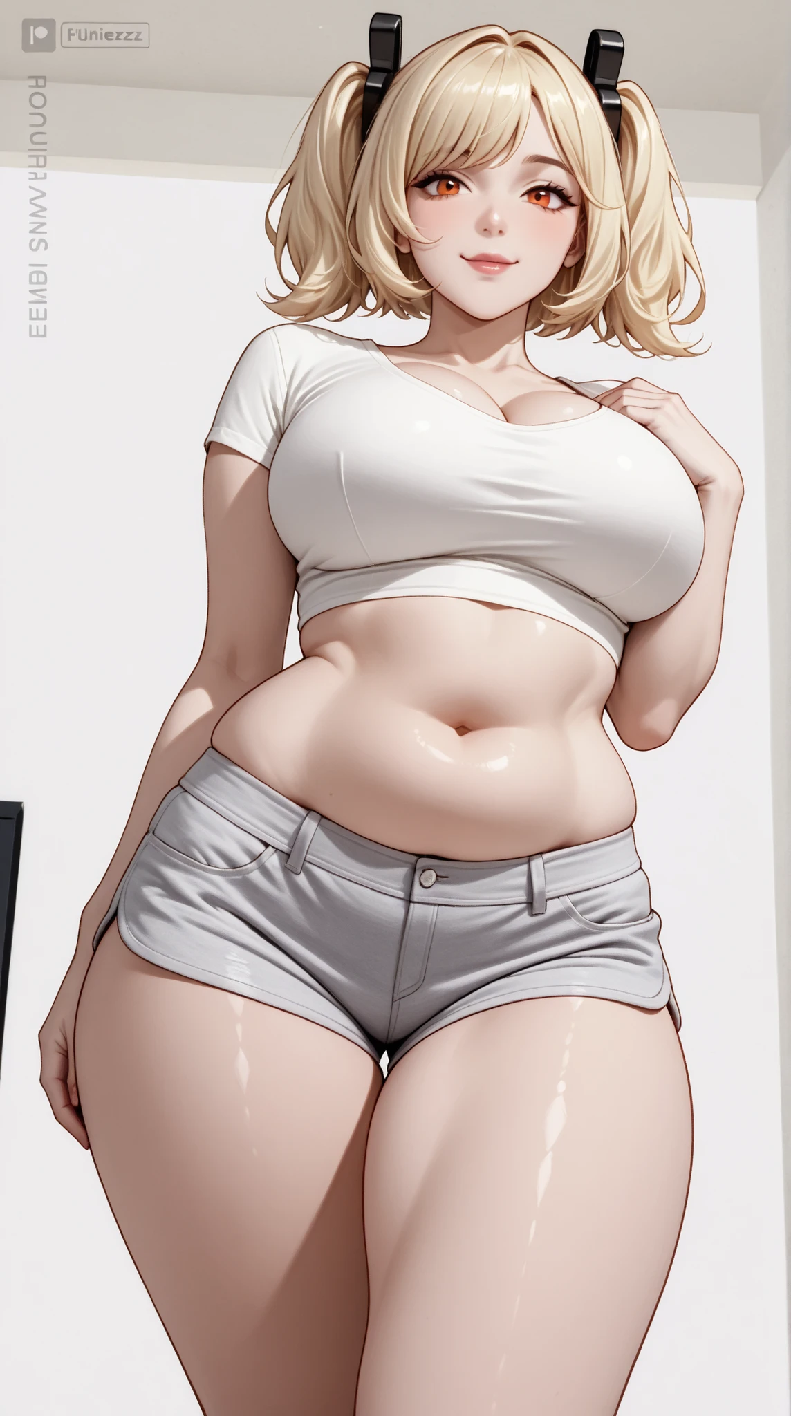 ((highres)), Masterpiece, high quality, best quality, beautiful, perfect lighting, detailed face, ultra cute face, ((1girl)), ((solo)), ((blush)), embarrassment, blonde hair, fluffy hair, blue eyes, crop top and shorts, tight clothes, clothes store, medium breasts, cleavage, perky breasts, (wide hips), ((thick thighs)), (chubby), fat folds, belly hang,