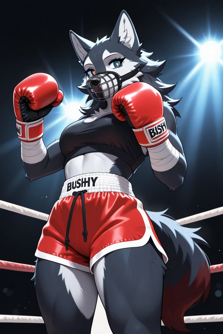 Anthropomorphic furry lynx girl, poison, Red hair, wearing a jacket with a smoke pattern on it, in black pants, hands in bandages, (((MMA fighter))), burn on left eye, big breasts, big ass working in a bar as a bartender in anime style,