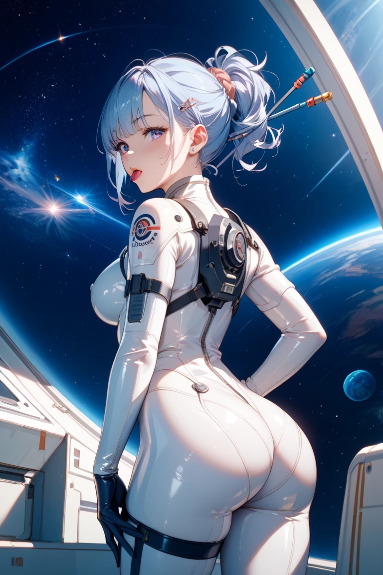 8K, Top Quality, Real Images, Intricate Details, Ultra Detail, Ultra High Resolution, Depth Field, (Photorealistic, Realistic: 1.2) , masterpiece, best quality, (photorealistic:1.4), full body, (naked), in space, beautiful woman, skinny, large breasts, fringe, detailed face, short sky blue hair, (looking back), (bent over showing her ass)