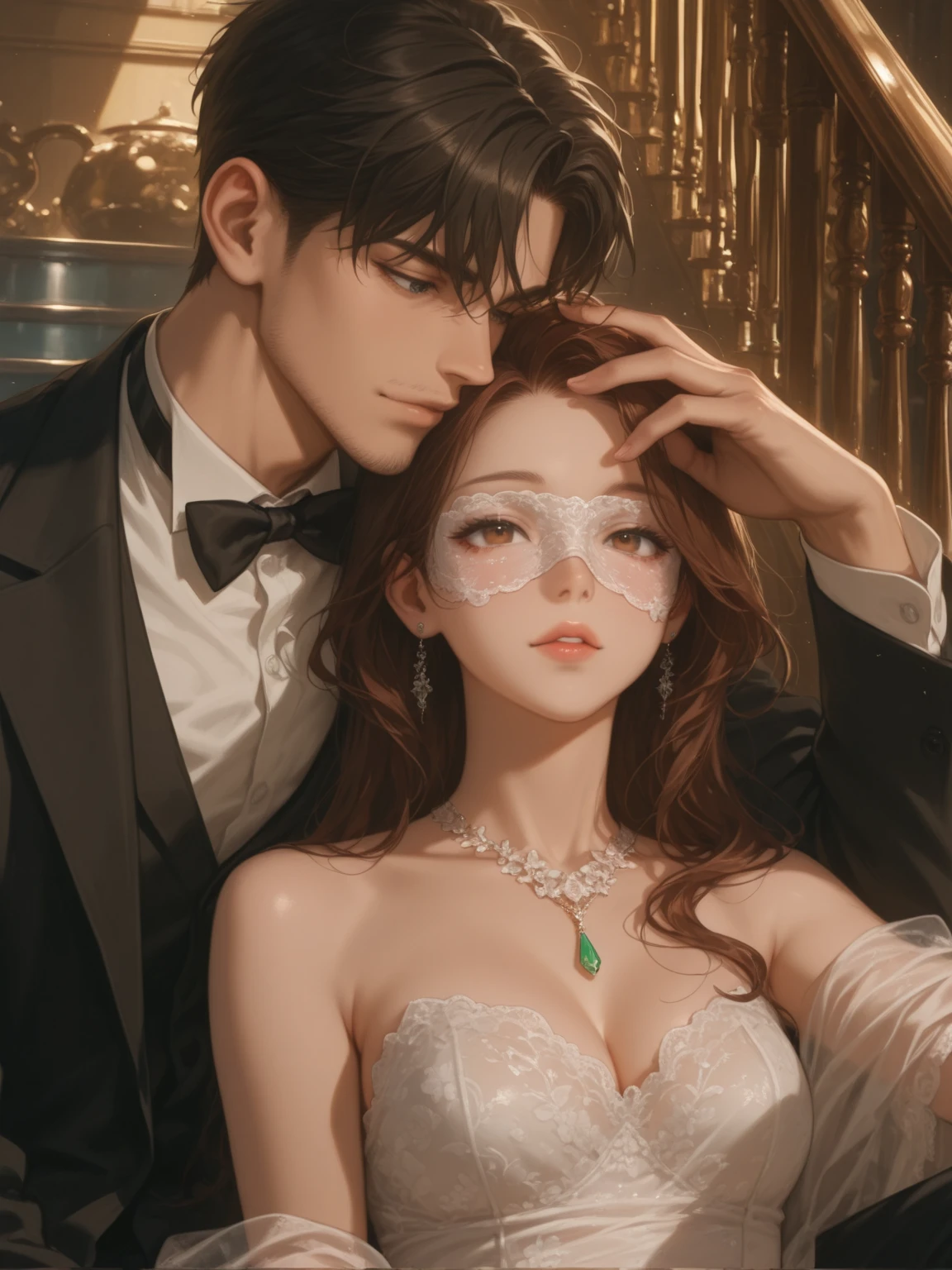 (best quality), (masterpiece), woman with long brown hair and captivating purple eyes, wearing an elegant black slip and a black lace blindfold. The woman is surrounded by a night sky background with a blue butterfly. Standing nearby is a man with short dark hair, and blue eyes, looking down at the woman.