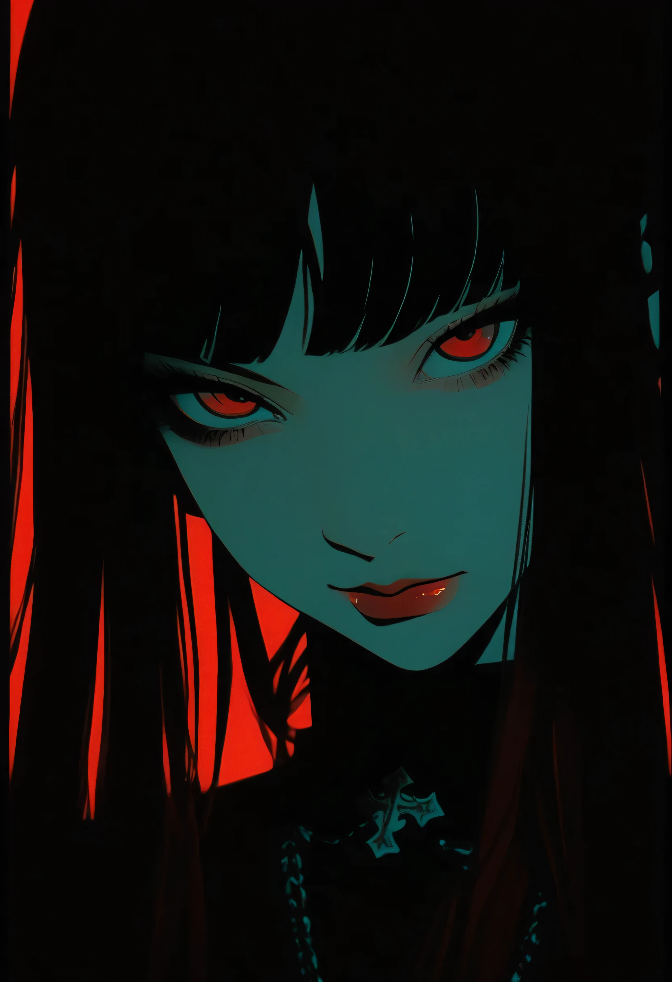 illust、art、from 80s horror movie, directed by Junji Ito、darkness、Serial killer、high detail, realsitic shadow、Analog style, chromatic aberration, Complementary color gradient、Surrealism
