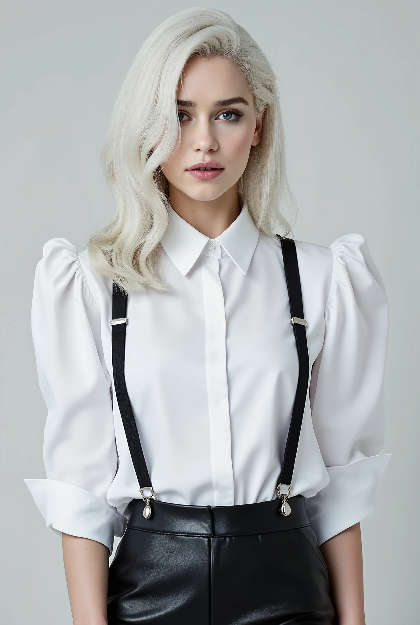 Beautiful selfies of ladies wearing their white shirt or satin blouses with black leather pants and suspenders 🥰, silver white hair
