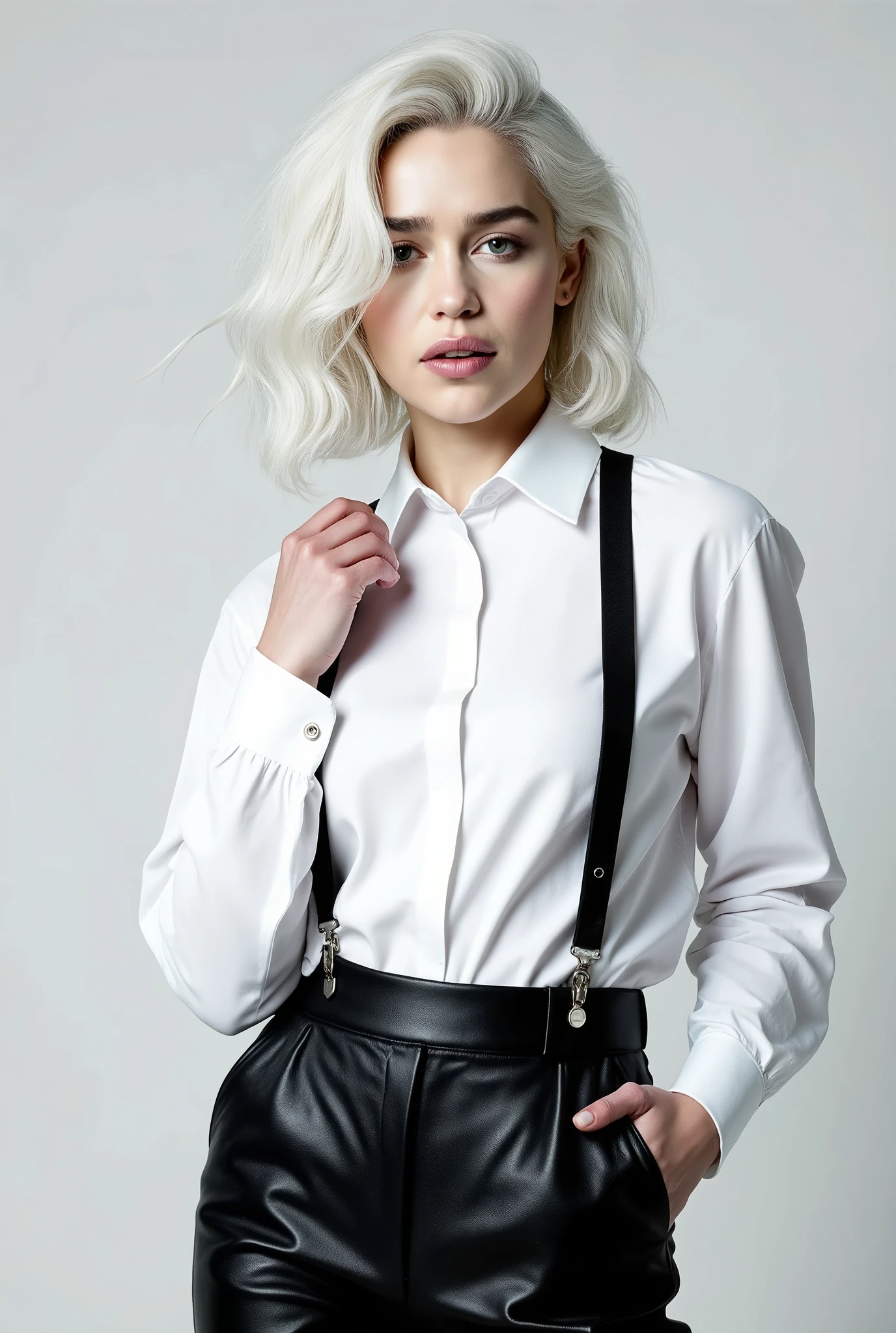 Beautiful selfies of ladies wearing their white shirt or satin blouses with black leather pants and suspenders 🥰, silver white hair
