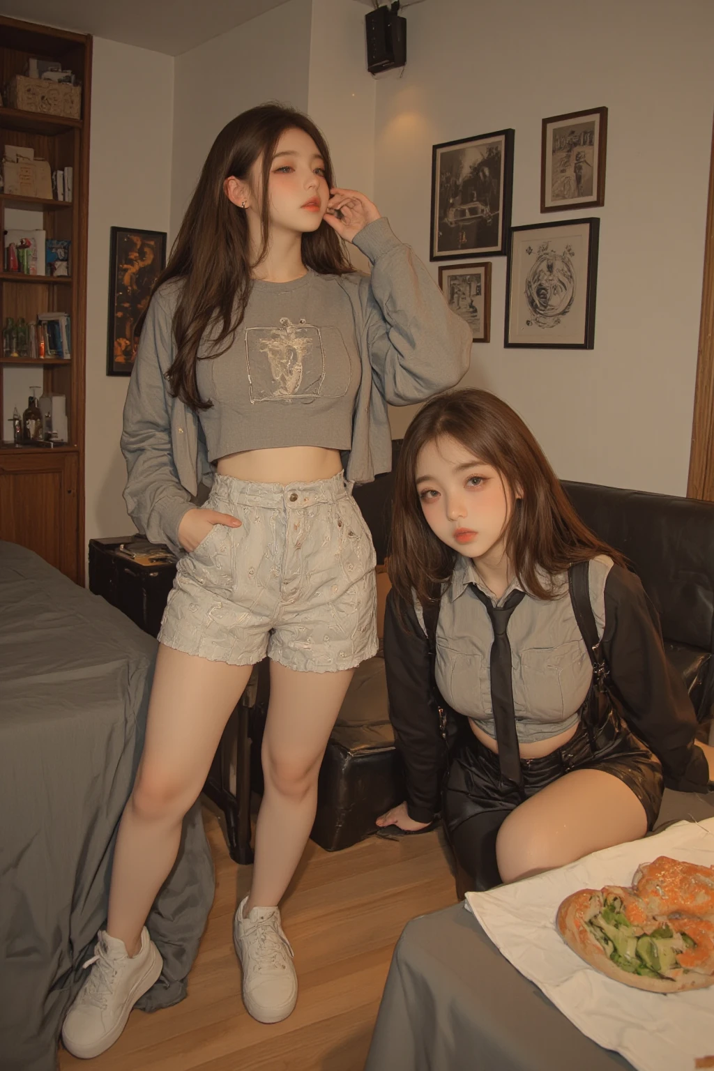 (8k:1.27), best quality, masterpiece, ultra highres:1.2), two napped lesbian goth girls with arm tattoos kissing each other, tattooed girls, full body picture, old white rock band oversized knotted t-shirt, big t-shirt, short big sleeves, black short sport pants tied with a rope, wearing dirty old goth clothes, dyed yellow blonde hair, short blonde bob hairstyle shoulder length, blonde hair bangs, dyed bright red hair with red messy bun, one girl kneeling and one girl standing in a dirty room, handcuffed, one girl with hands tied with rope behind body, submissive neck choker and leash in neck, 4k or 8k picture, looking at the floor down very sad, very sad face, paisley bandana ribbon hairband, smelly, barefoot, rope hanging from ceiling, one girl dominating the other one by pulling her to a wall