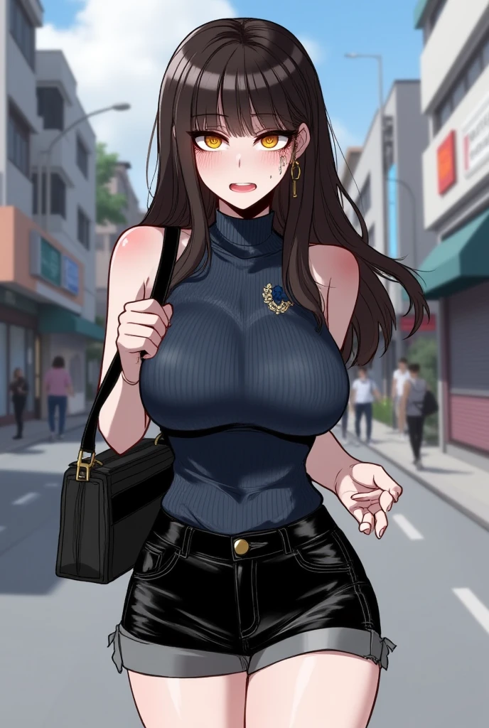(Masterpiece, Best Quality, High Quality:1.4), (professional artwork, extremely detailed girl:1.0), 8k, detailed eyes, perfect face, 1girl, (voluptuous, mature female, plump, large lips:1.2), wide hips, thick thighs, cleavage, heavy makeup, top heavy, bursting breasts:1.4), (skindentation, long eyelashes, dark eyeshadow, close up, black lipstick, sakura bakushin o \(umamusme\), bare shoulders, crop top, short shorts, cameltoe, navel, on road, night city, crowd, (public), (photographer), foreground, camera