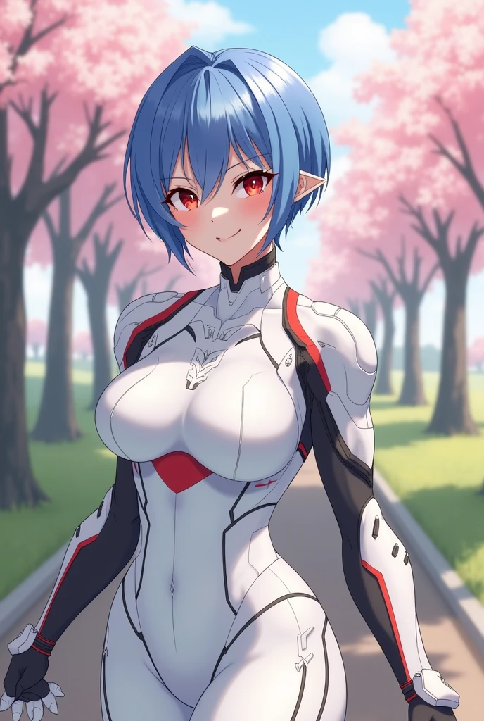 masterpiece, best quality, very aesthetic, absurdres, 1girl, mature_lady, holding breasts, sucking own breasts,boob_sucking, upper body,,Ayanami Rei,white bodysuit,red eyes,pilot suit,short hair,blue hair,bangs,interface headset,turtleneck,hair between eyes,Wallpaper Fusion, dappled sunlight, day, flower, hydrangea, leaf, light rays, nature, outdoors, path, plant, purple flower, scenery, stairs, sunlight, torii, tree, wisteria,floating_hair