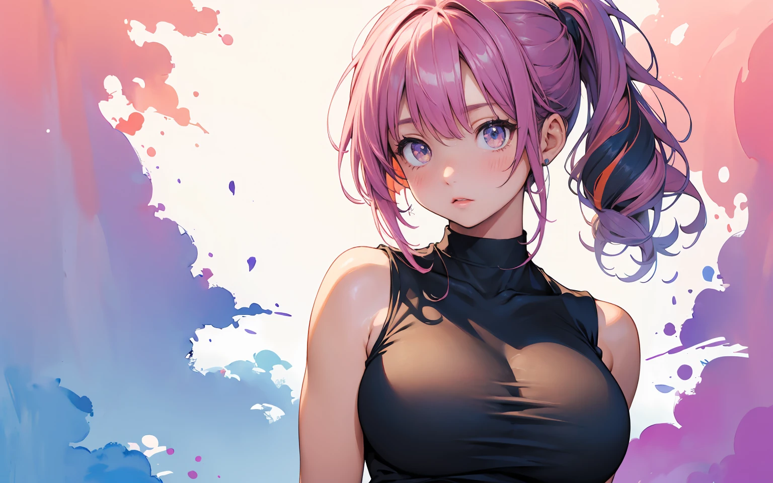 realistic image, coherent image, detailed image, 1 beautiful girl. She has braided purple hair that goes behind her back and a hairpin on the right side of her. Pink violet eyes, long eyelashes. Her face is oval and delicate. smiling seductively. She is wearing a sleeveless top, showing her navel, pleated mini skirt. She has a curvy body, big breasts and thick thighs. She has her arms hidden behind her back, showing her breasts. view of her full body. cherry petals falling. natural lighting in front, volumetric lighting