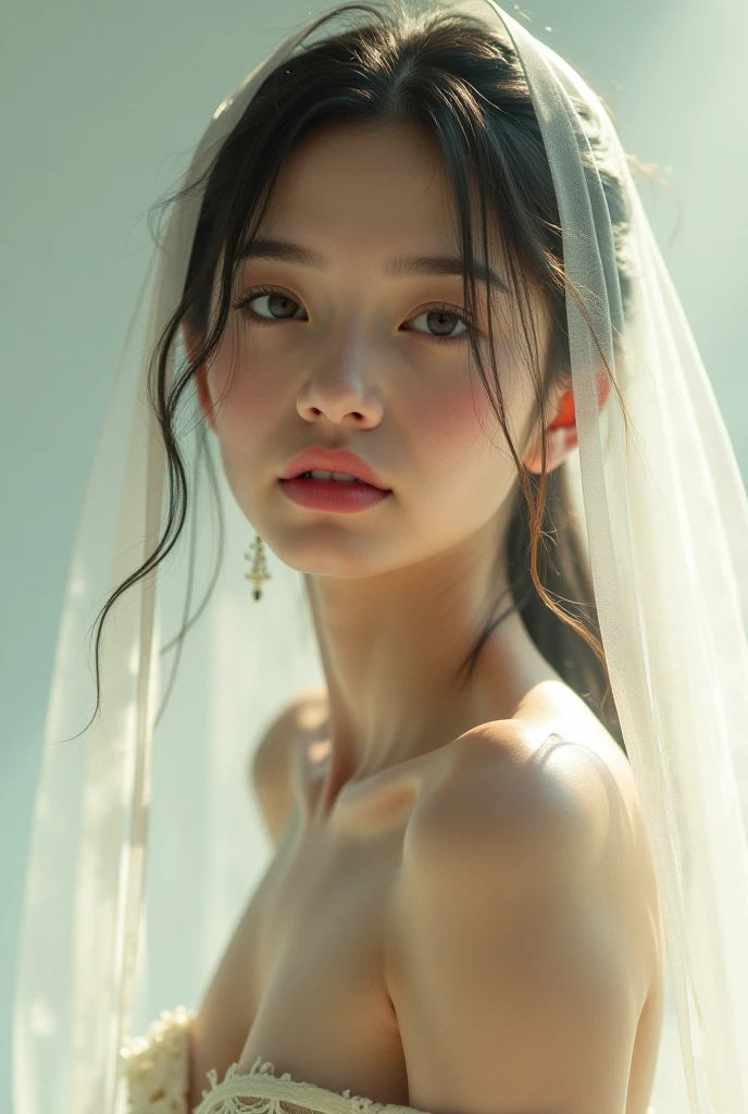 best qarity，tmasterpiece，超高分辨率，（realisticlying：1.4），RAW photogr，Wallpapers，photo of head，Delicate skin，simplebackground，Fine eyes，the detail，cleavage selfie， 1个Giant Breast Girl，light wind，sunlights，doubt，lovly，random hair style，Bandeau wedding dress