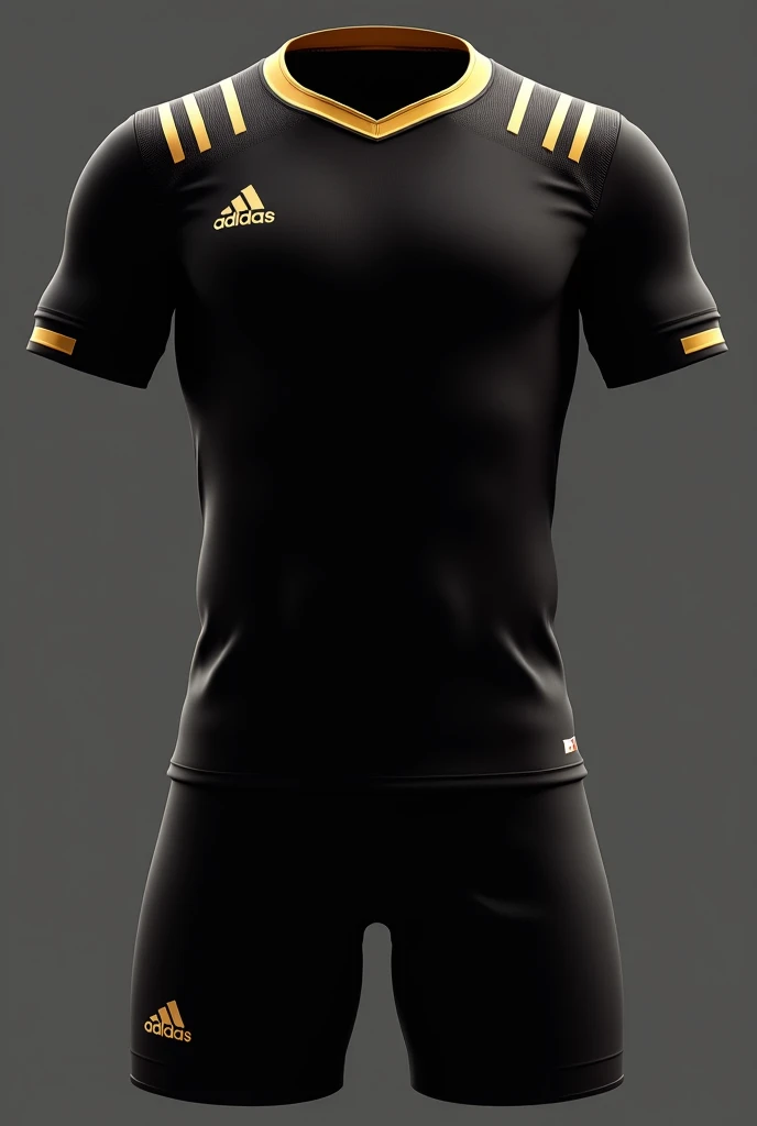 Design a sleek black sports jersey with a minimalist golden gradient effect. The gradient should start at the bottom in deep black and transition smoothly into a rich gold towards the top, creating a sophisticated and stylish appearance. The sleeves should remain in solid black to balance the gradient design. Include a minimalist golden player number on the front and back, maintaining a clean and elegant aesthetic.