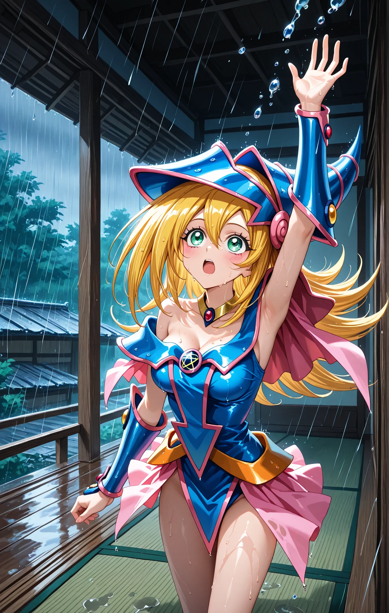 1girl, dark Magician girls. solo, looking up, shocked, open rooftops, arm up, rain, tatami, wet clothes, wet interior, oil painting:1.7, dripping water, water droplets