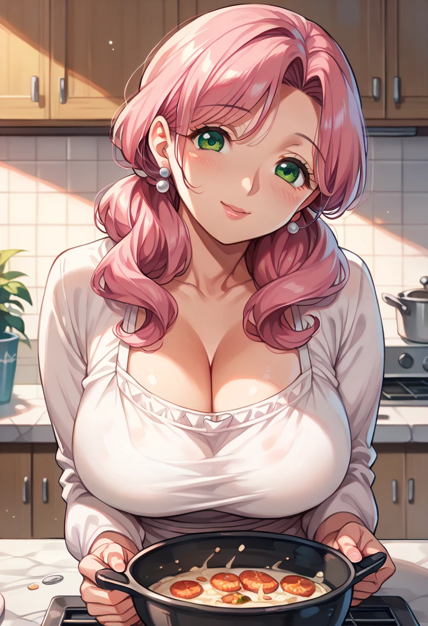 (Best Quality, Masterpiece),sexy mommy, Front cover of a women's cooking magazine, , naked, erotic, 18+, nsfw, 1girl, 30 years old, stunning, cute, heartwarming smile, hourglass figure, wearing floral dress, pinny apron, beautiful food, text, diagrams, advertisements, magazine title, long pink hair