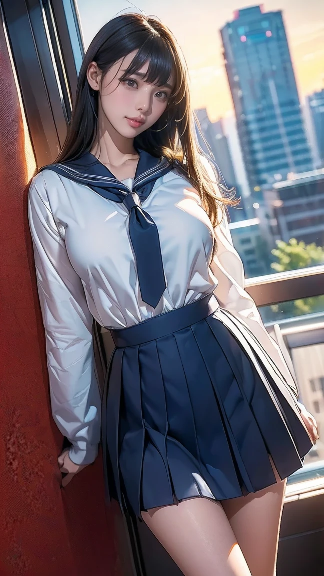 (masterpiece:1.2, highest quality), (realistic, photorealistic:1.4), beautiful illustrations, (natural side lighting, movie lighting), beautiful thighs, Front view, 1 girl, high school girl, 15 years old, perfect face, Cute symmetrical face, shiny skin, ランダムなカラーのsailor suit、
(random hairstyle、blonde), Big eyes, long eyelashes chest), thin, expensive、
beautiful hair, beautiful face, fine and beautiful eyes, beautiful clavicle, beautiful body, beautiful breasts, beautiful thighs, beautiful feet, beautiful fingers,
((High-quality fabric, sailor suit, navy pleated skirt)),
(beautiful scenery),Are standing, (smile, Superior, open your mouth), (((skirt lift, Panties and pantyhose are visible)))