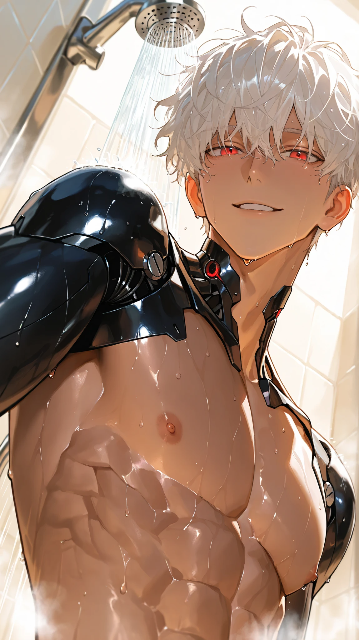 8k, 아름다운 Perfect Eyes,semi-realism art, semi-realism art style, looking at the front, masterpiece, top quality, amazing quality, Exquisite Details, very detailed, masterpiece,
32 year old male , handsome, smiles, Messy Hair, Two block perm hair, white blond hair,shaved nape hair,1 man,male-centered, handsome man, Thick painted, red eyes, mature, alone,looking at viewers, brown skin, toned, dynamic angle, Close, Upper body cut, toned, wavy hair, Android, robotic arms, black robotic parts, black arms,
naked, Bathroom, steamy shower, steam, wet, wet hair, dripping wet, shower, parted lips, smile, looking at the viewer, nipples,