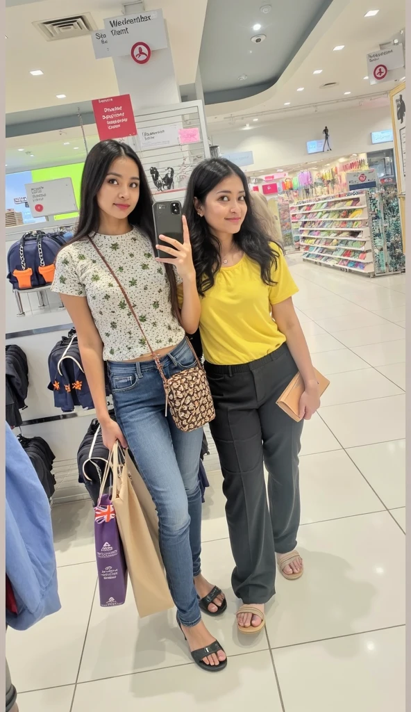 Indian solo girl, attractive happy face, wearing shirt jeans, shopping in the mall,