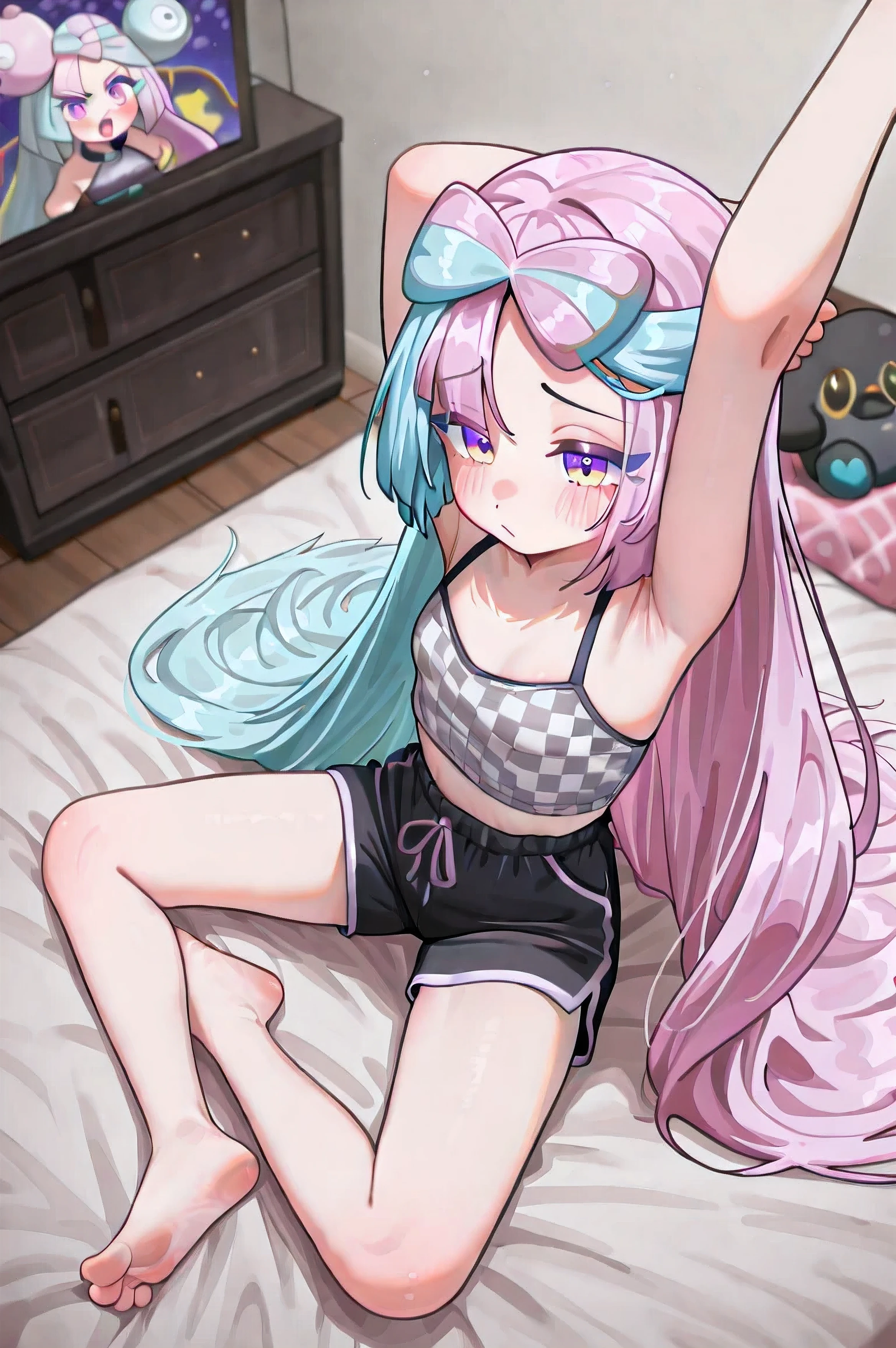 Iono (Pokémon Scarlet e Violet), , , ((((Just 1 Iono)))), Small and flat breasts, Very long hair, Loose hair, bicolor hair, light blue and pink hair, two-toned eyes, pink and blue eyes, Sleepy expression , bocejando, extremely detailed face, anime clothes/jogo, cheomgsam gray checkerboard, short black shorts, checkered gray tights, barefoot, extremely detailed clothes, inside the house, sitting on the bed, stretching, seen from above, in front of the spectator, 4K, best quality, obra-prima, ((((rosto limpo)))), No dirt.