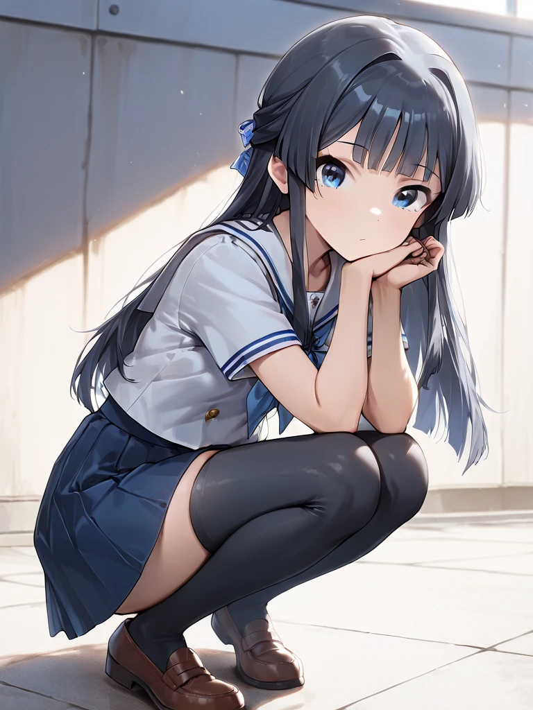 (masterpiece,best quality,extremely detailed:1.4),anime,japanese girl,15yo,glamour,black twin braid,blunt bangs,blue eyes,summer sailor uniform,black socks,loafers,shamefaced,white detailed panties,sitting,school stairs,front view,panties focus