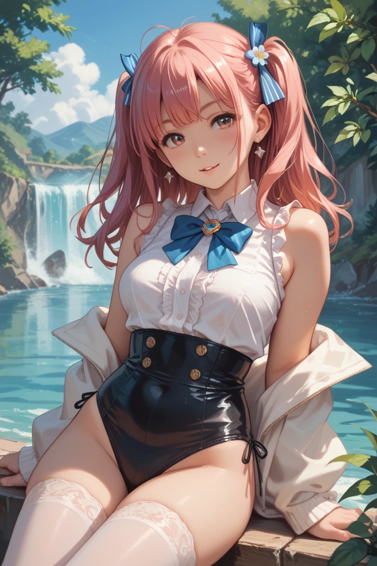 ((((highest quality)))), (((Ultra-precision CG 16K))), (((masterpiece))), (((Very detailed))), (((Extremely detailed))), (((Black outline:1.3, Written boundary depth:1.3 , Written soft outline))), Blur, Bokeh, Maximum clarity and sharpness,Multilayer Texture, Surface Shading, Cinematic lighting, Beautiful details sparkle ,Perfect Proportions, Limited to three woman, BREAK accurate, Anatomically correct, Highly detailed face and skin texture, drawn in detail, Highly detailed facial and skin texture, Detailed eyes, beautiful hair, Beautiful Japanese Idol face, Beautiful and beautiful eyes, Beautiful body, Beautiful breasts, Beautiful thighs, Beautiful legs, Beautiful fingers, (Beautiful views) , skinny body, ((Beautiful Skin)), ((Skin Texture)) BREAK breast enlarged, large Breasts, rocket breasts, slender waist, (blush, smiling:1.3,) BREAK (((white raincoat:1.3 , white rain boots, cover your whole head with the bare shaped hood of raincoat, cyberpunk , school uniform:1.3, midriff peek, button up))) , wearing earrings, BREAK ((( a girl bent over , hands between legs, rainbow, sunny rain , hydrangeas, frog, stick breast out))),(serious, full body shot, long shot , from front:1.3 , from below:1.3,),