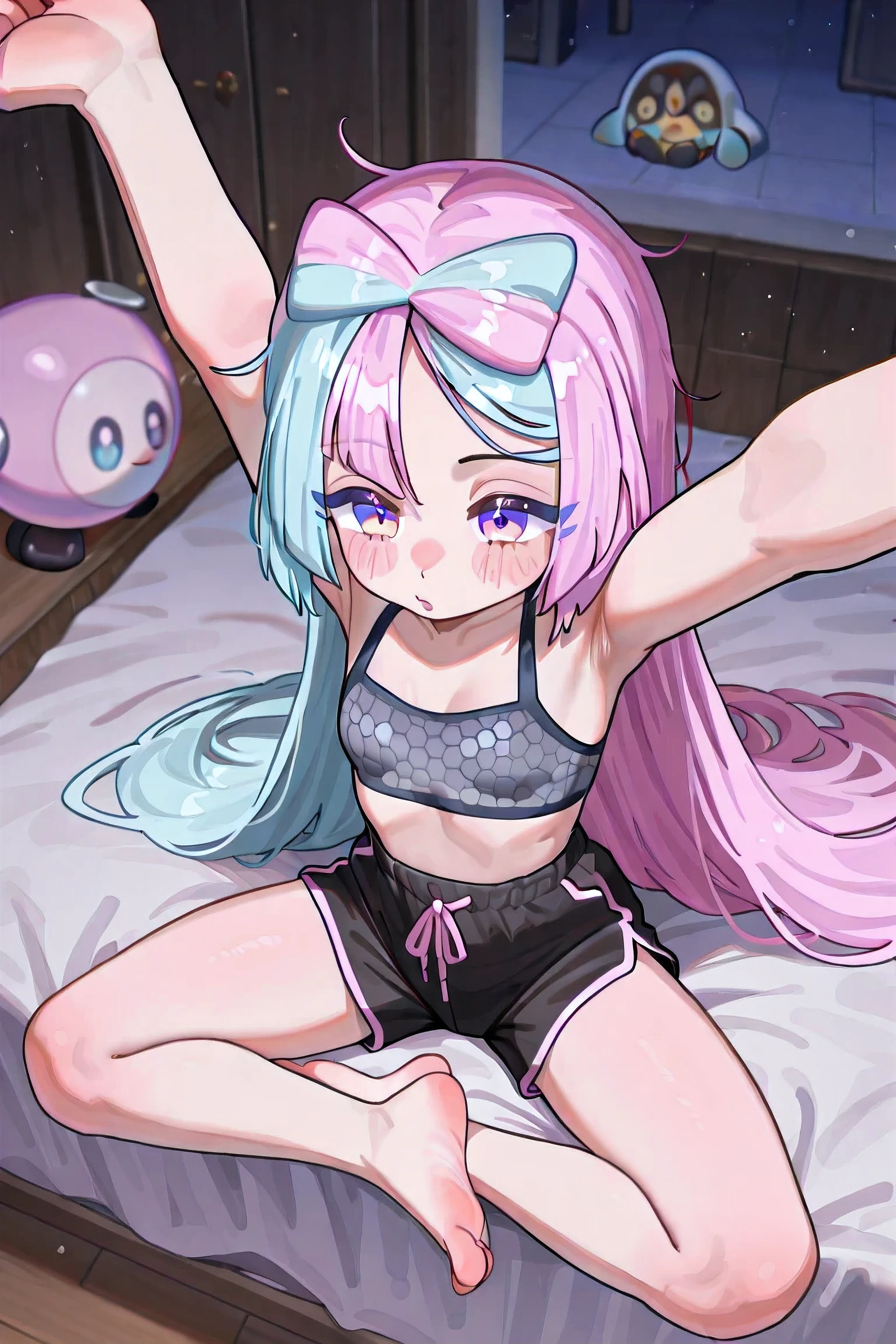 Iono (Pokémon Scarlet e Violet), Little , corpo , ((((Just 1 Iono)))), Small and flat breasts, Very long hair, Loose hair, bicolor hair, light blue and pink hair, two-toned eyes, pink and blue eyes, Sleepy expression , bocejando, extremely detailed face, anime clothes/jogo, cheomgsam gray checkerboard, short black shorts, checkered gray tights, barefoot, extremely detailed clothes, inside the house, sitting on the bed, stretching, seen from above, in front of the spectator, 4K, best quality, obra-prima, ((((rosto limpo)))), No dirt.