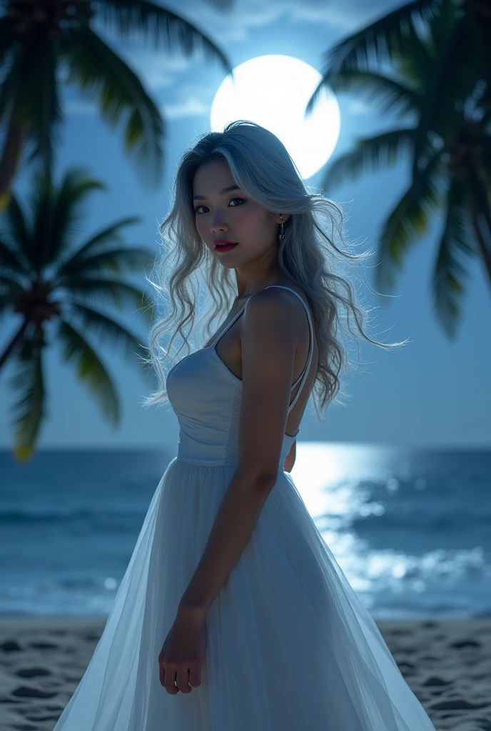 master part, extremely high quality, (High detail:1.1), (hyper detailed eyes), Dramatic, 1 women, (pale skin), long  white hair, ethereal eyes, (light eyebrows), standing alone, completely naked, small breasts, long  hair, JTiago Azevedo, moonligh, natta, pouty lips, Skinned, proud expression,beachfront, detailed backgrounds. full body picture