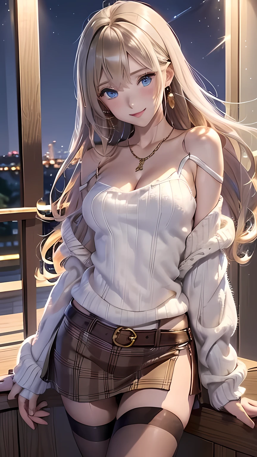 masterpiece, Ultra High Definition 、 Best Quality 、 sexy pose 、Ultra Skinny Women、 blondes、 curly hair:1.2, blue eyes, smile、 tilt your neck 、large gold earrings and necklace :1.5,、 Model Walks 、 with Sparkling Flowers 、 thin thighs 、 cowboy shooting、brown.Knitted Plaid Low Rise Mini Skirt Bikinis、brown、sweater:1.5、brown striped pantyhose、Veranda with night view