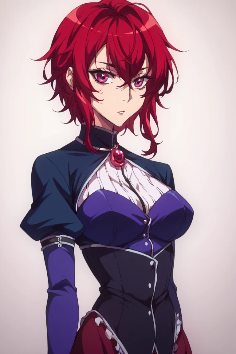 8k, hd, masterpiece, anime character, anime-style drawing, reference from wit studio, mappa studio, ufotable studio, celshade style, proportional figure, flat shading, ((light source on front of object)),
A portrait of a beautiful girl in a tight black suit, with red accent, highly detailed character, female character, hyperdetailed fantasy character, anime character, rpg character avatar, athletic body, small breast, cleavage, sexy, red sash belt,
1girl, female human, bright white skin, blue eye color, red colored hair, delicate face, short pixie hair, mature woman