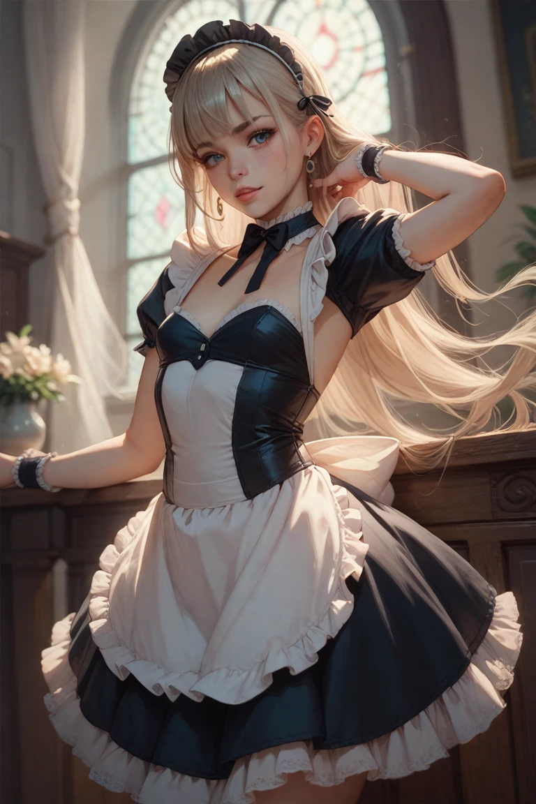 (masterpiece:1.2, best quality:1.1, highres,absurdres, high quality),(photorealistic:1.1),reflected light, colorful,ultra-detailed, ultra hd, super detailed, harsh shadows,soft light,shadows, 
rennerdef, renner overlord,  blonde hair,blue eyes,  small breasts, (black maid uniform, maid,m4id0utf1t,fishnets)castle, indoors, mini crown, (strapless, sleeveless), short skirt, cleavage cutout, cleaning brush, collarbone, bare shoulders,cleaning, animal slippers, from side, solo,1girl
 <lora:ovrenner1-10:0.55>    <lora:LowRA:0.3>  <lora:m4id0utf1t:0.3>