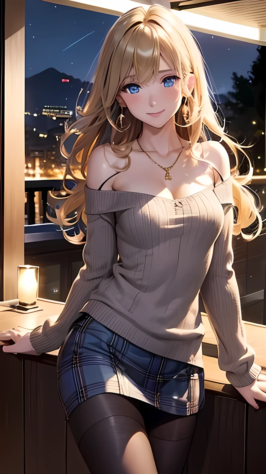 masterpiece, Ultra High Definition 、 Best Quality 、 sexy pose 、Ultra Skinny Women、 blondes、 curly hair:1.2, blue eyes, smile、 tilt your neck 、large gold earrings and necklace :1.5,、 Model Walks 、 with Sparkling Flowers 、 thin thighs 、 cowboy shooting、brown and blue plaid low rise mini skirt bikini、brown、sweater:1.5、brown striped pantyhose、Veranda with night view