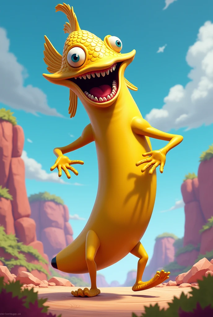Cartoon platypus dressed like wcw wrestler Diamond Dallas Paige.  DDP

Cartoon Platypus head. Cartoon Platypus arms. Cartoon Platypus hands.  Cartoon Platypus body. Cartoon Platypus tail. Cartoon Platypus face. Duck bill. Duck feet. 

Long curly blonde hair. Short blonde mustache. Short brown beard. Black pants. no shirt. Arms and hands raising in victory, fingers extended 