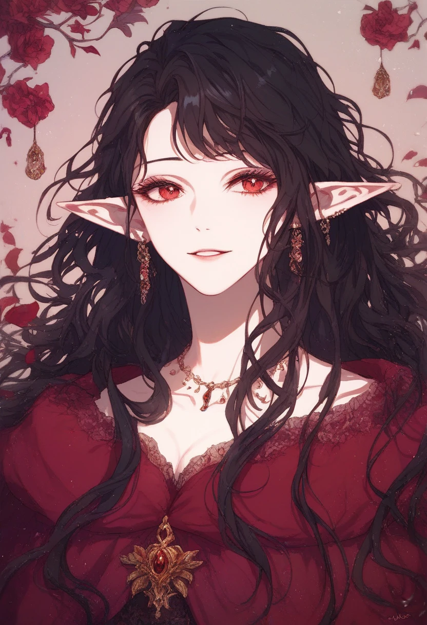 score_9,score_8_up,score_7_up,score_6_up,score_5_up,score_4_up rating_explicit, witchyset1, 1girl,solo,long hair,hair ornament,red eyes,gloves,dress,cleavage,bare shoulders,jewelry,flower,red hair,earrings,pointy ears,elbow gloves,hair flower,necklace,hair bun,mole,lips,mole under eye,double bun,rose,leaf,red flower,red rose <lora:OldAnimeStyle_XL_v3:0.8> Vintage, 1990s \(style\)