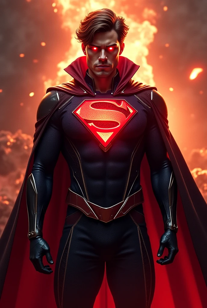 Man, superhero, suit, red laser eyes, face view, realistic, power blast