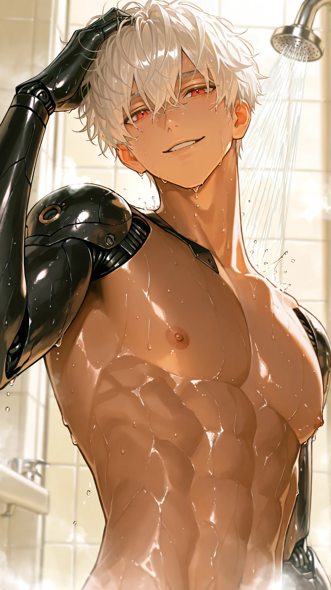 8k, 아름다운 Perfect Eyes,semi-realism art, semi-realism art style, looking at the front, masterpiece, top quality, amazing quality, Exquisite Details, very detailed, masterpiece,
40 year old male , handsome, smiles, Messy Hair, hair between eyes, white blond hair,shaved nape hair,short hair,1 man,male-centered, handsome man, Thick painted, red eyes, mature, alone,looking at viewers, brown skin, toned, dynamic angle, Close, Upper body cut, toned, wavy hair, Android, robotic arms, black robotic parts, black arms, masculine, pronounced jaw, eye wrinkle,
naked, Bathroom, steamy shower, steam, wet, wet hair, dripping wet, shower, parted lips, smile, looking at the viewer, nipples,