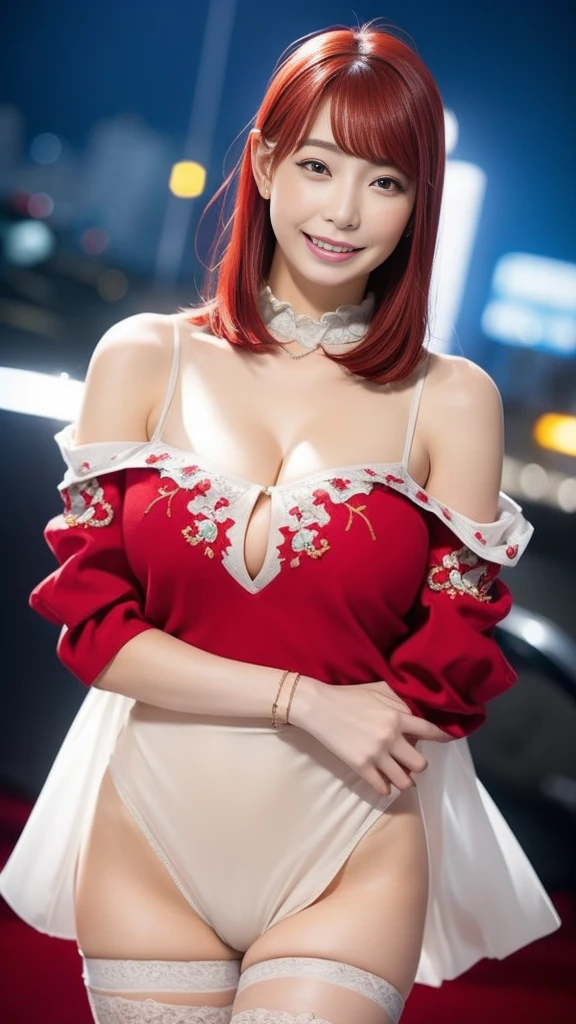 (nsfw), sexy stylish Thai model, only 1 female, ((doll-like appearance)), short bright red stylish hair, ((shiny Victorian-Style boots)), (big smile), ultra detailed eyes, vivid eye makeup, lipgloss, long lashes, defined eyebrows, ((sexy Paradise Kiss cosplay)), bell-shaped skirt, petticoats, high neckline, puffed sleeves, ((ultra detailed lace)), ((ultra detailed embroidery)), intricate details, Paradise Kiss accessoires and matching headpiece, choker, ((large sparkling Paradise Kiss jewelry)), cinematic light, detailed large park background with trees