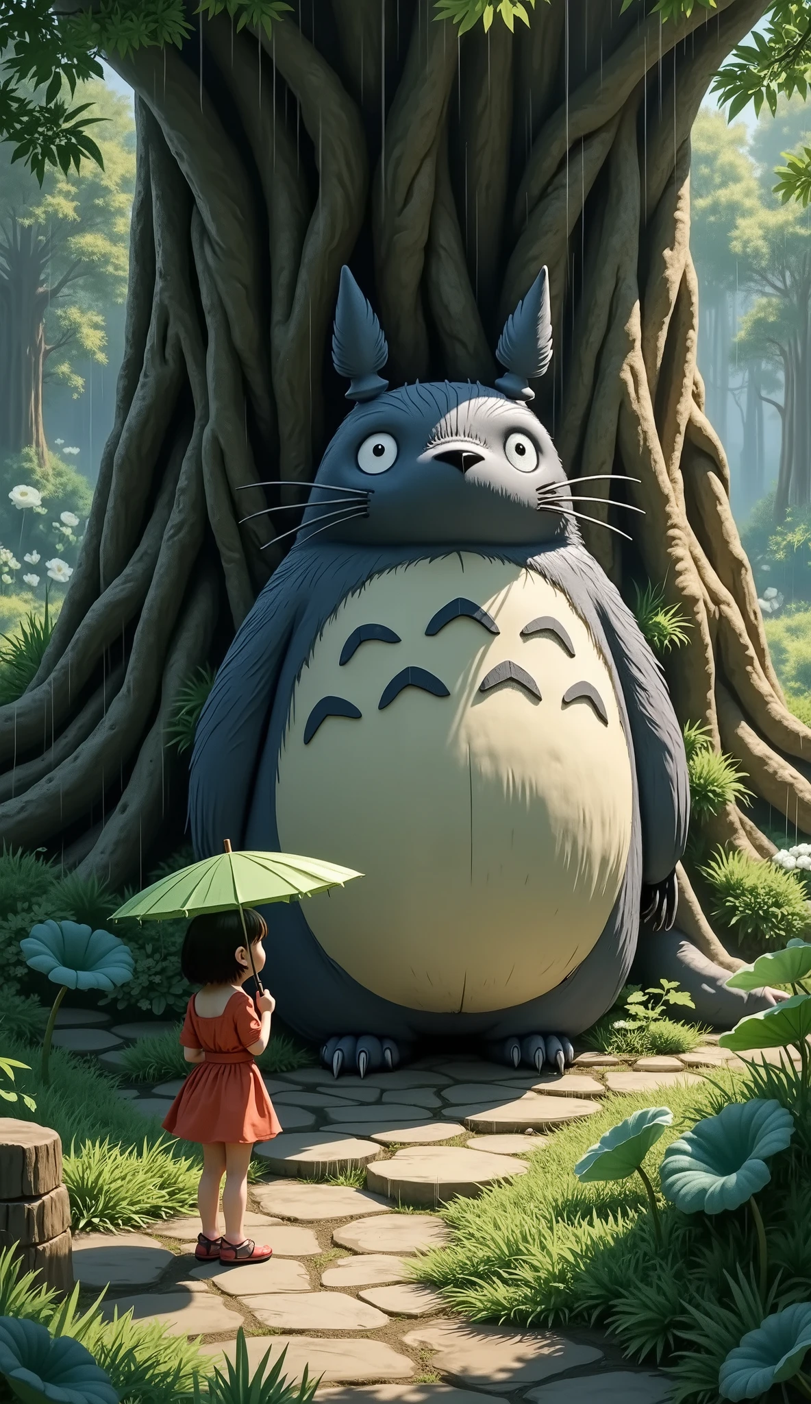 in the woods、and My Neighbor Totoro、A large Totoro、Big tree roots、I'm holding a lotus leaf umbrella、standing、((heavy rain))