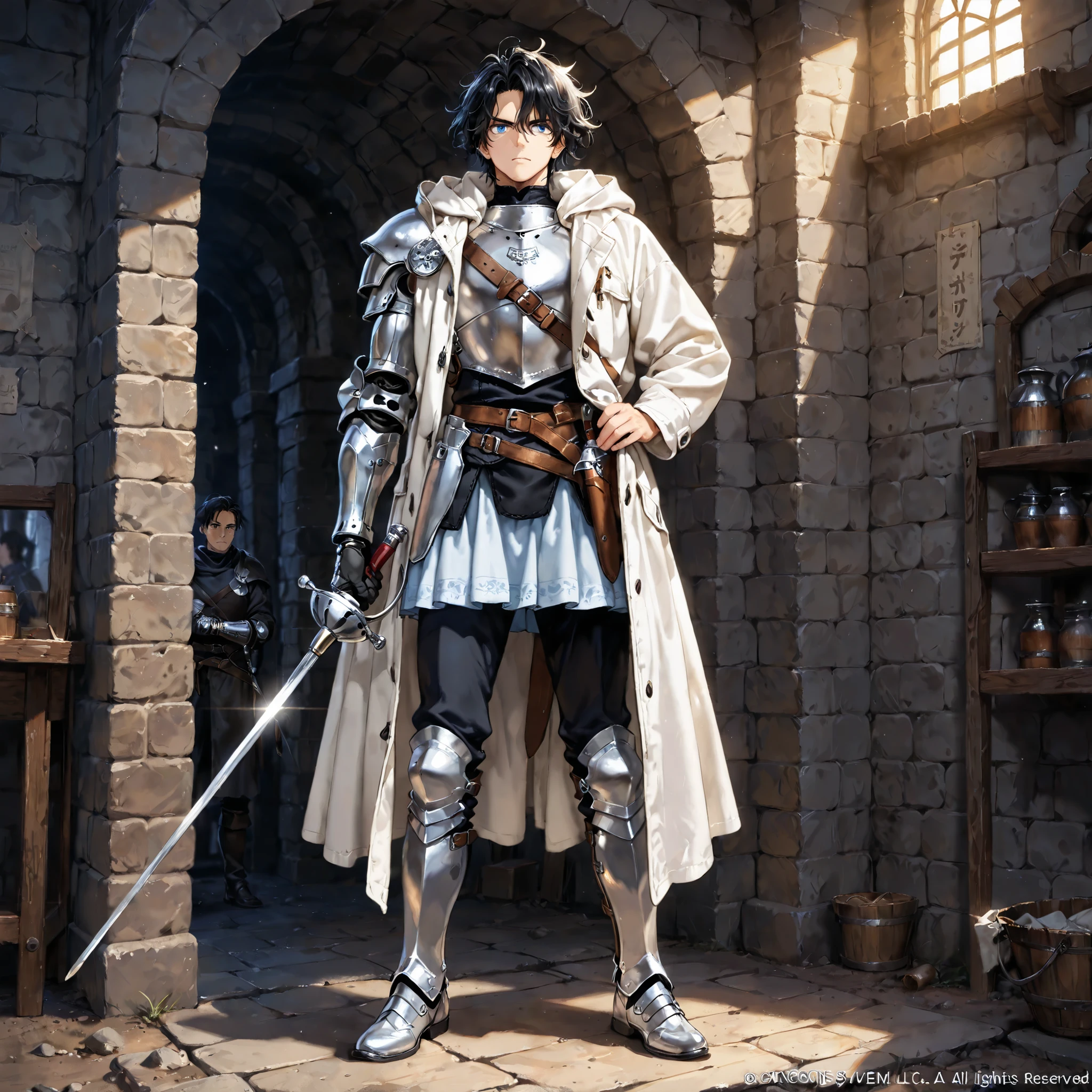 Male, Man, Adult, Black Hair, Blue Eyes, Black Body Suit, Knee High Silver Boots, Silver Chestplate, White Coat Draped Over, Pale Blue Skirt, Silver And Gold Left Prosthetic Arm, Neutral Expression Perfect Generation, Solo Image, Messy Hair, Detailed Generation, Medieval Background, Single Prosthetic Arm, Masculine Face, Perfect Eyes, Rainbow Colored Rapier, Holding Rapier