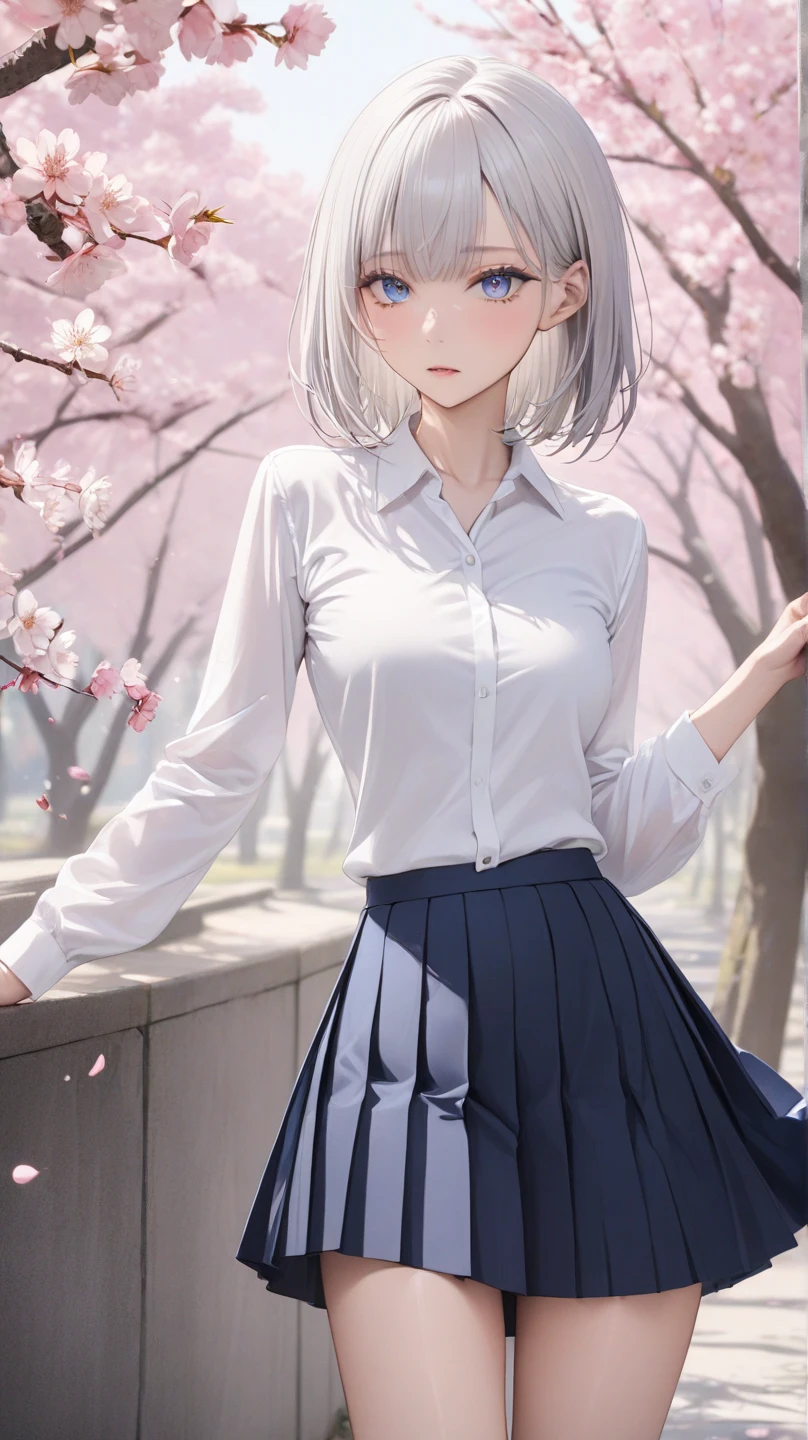 (masterpiece:1.2) , (((Highest quality))), 1girl, white silver hair, bob with bangs, blue pupils, skinny body, wearing white collared shirt, (navy pleated skirt), BREAK, cherry blossoms,