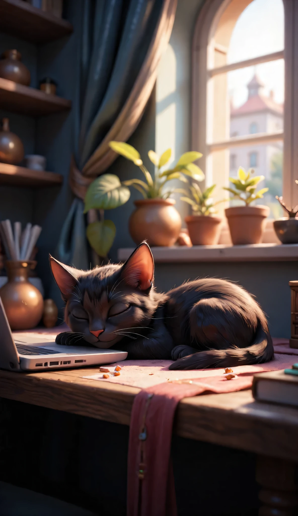 3D character, cute black kitten, sleeps on the desk beside the laptop, Inside the room, masterpiece, Background Blur, Shut your eyes.