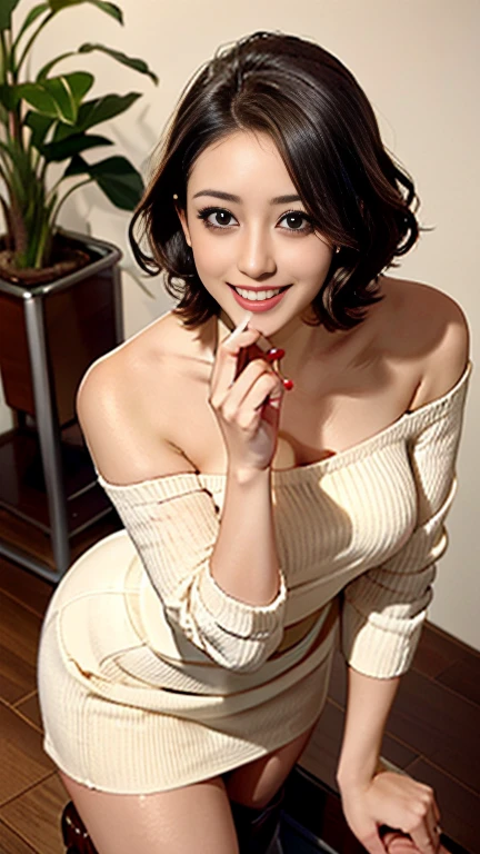 highest quality, masterpiece, High resolution, Photoreal, Raw photo, 8k wallpaper, perfection, professional lighting, very detailed, Depth of bounds written, ((one beautiful woman)), 40 years old, sexy, Hotel Lobby, ((brightly colored patterned dress)), ((look into the viewer&#39;s eyes)), detailed face, beautiful eyes, (Sit with good posture facing forward), bangs, good shape small breasts, light brown straight hair, faint lips, (arm between legs)