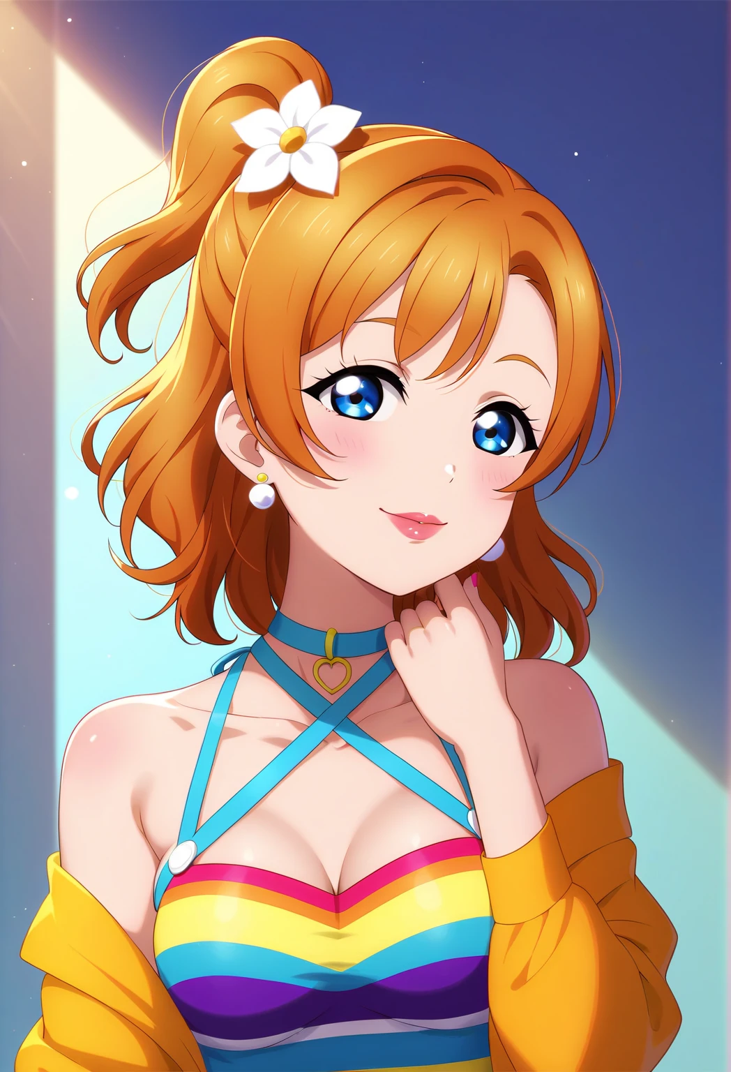 Honoka kousaka love live, blue eyes,alp artstyle, orange hair,hair flower, solo, Fashion ,bare shoulders, perfect eyes, Perfect iris,Perfect skin,Soft front light,Casual,indoors;(pastel colour:1.2), halter neck,thin straps , (lipstick:0.7),hands between legs,v arms