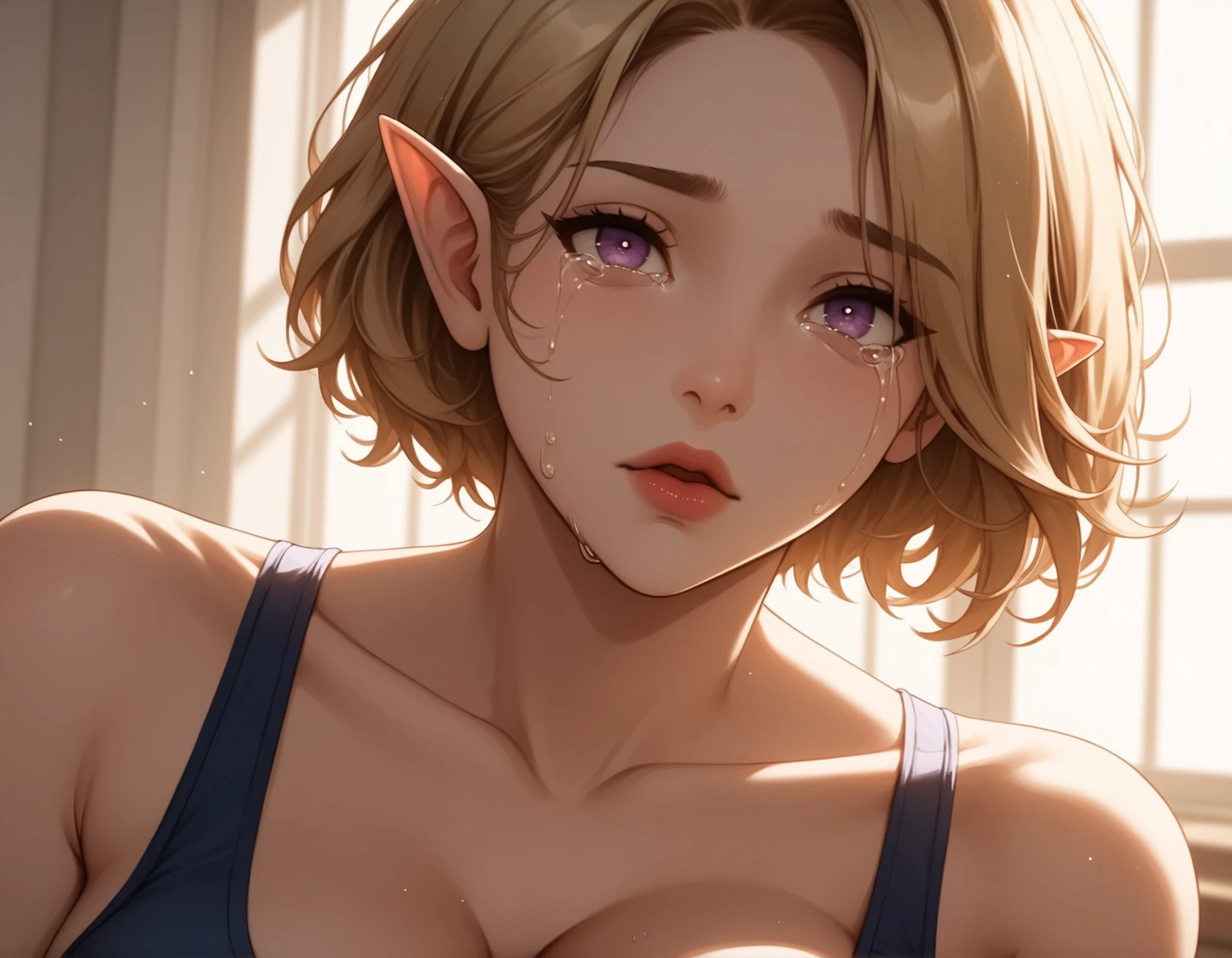 Watercolor, score_9, score_8_up, score_7_up, (Volumetric_lighting: 1.7), (masterpiece), (lora: detailed anime girlsXL), (lora: NoobAI-XL Detailer), (lora: smooth lighting enhancer) (lora: Detailed Background), (lora: NKxXmo's Shaded Face), (lora: SDXL high detailed. LoRA_SDXL_ARW_0010: 0.75), (lora: Waifu Eyes), BREAK bedroom, messy_bedroom,
1girl, Tall, peach_skin, elf_ears, curvy, short_hair, wavey_hair, red_hair, black nails, purple_eyes, crying (depressed, crying) standing, sports_bra, close_up_shot, face_focus, large breasts, Mature looks, MILF, 8k, (masterpiece), realistic, high_quality, detail_focused, high_quality_teeth
Expressiveh