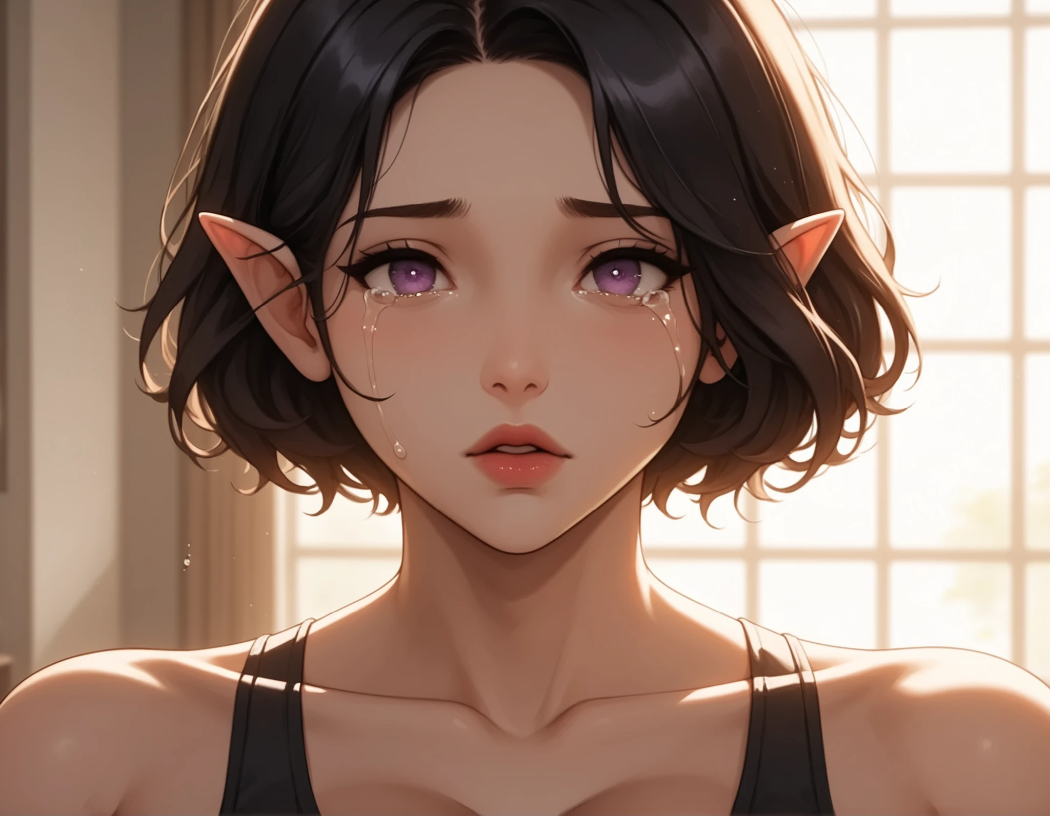 Watercolor, score_9, score_8_up, score_7_up, (Volumetric_lighting: 1.7), (masterpiece), (lora: detailed anime girlsXL), (lora: NoobAI-XL Detailer), (lora: smooth lighting enhancer) (lora: Detailed Background), (lora: NKxXmo's Shaded Face), (lora: SDXL high detailed. LoRA_SDXL_ARW_0010: 0.75), (lora: Waifu Eyes), BREAK bedroom, messy_bedroom,
1girl, Tall, peach_skin, elf_ears, curvy, short_hair, wavey_hair, red_hair, black nails, purple_eyes, crying (depressed, crying) standing, sports_bra, close_up_shot, face_focus, large breasts, Mature looks, MILF, 8k, (masterpiece), realistic, high_quality, detail_focused, high_quality_teeth
Expressiveh
